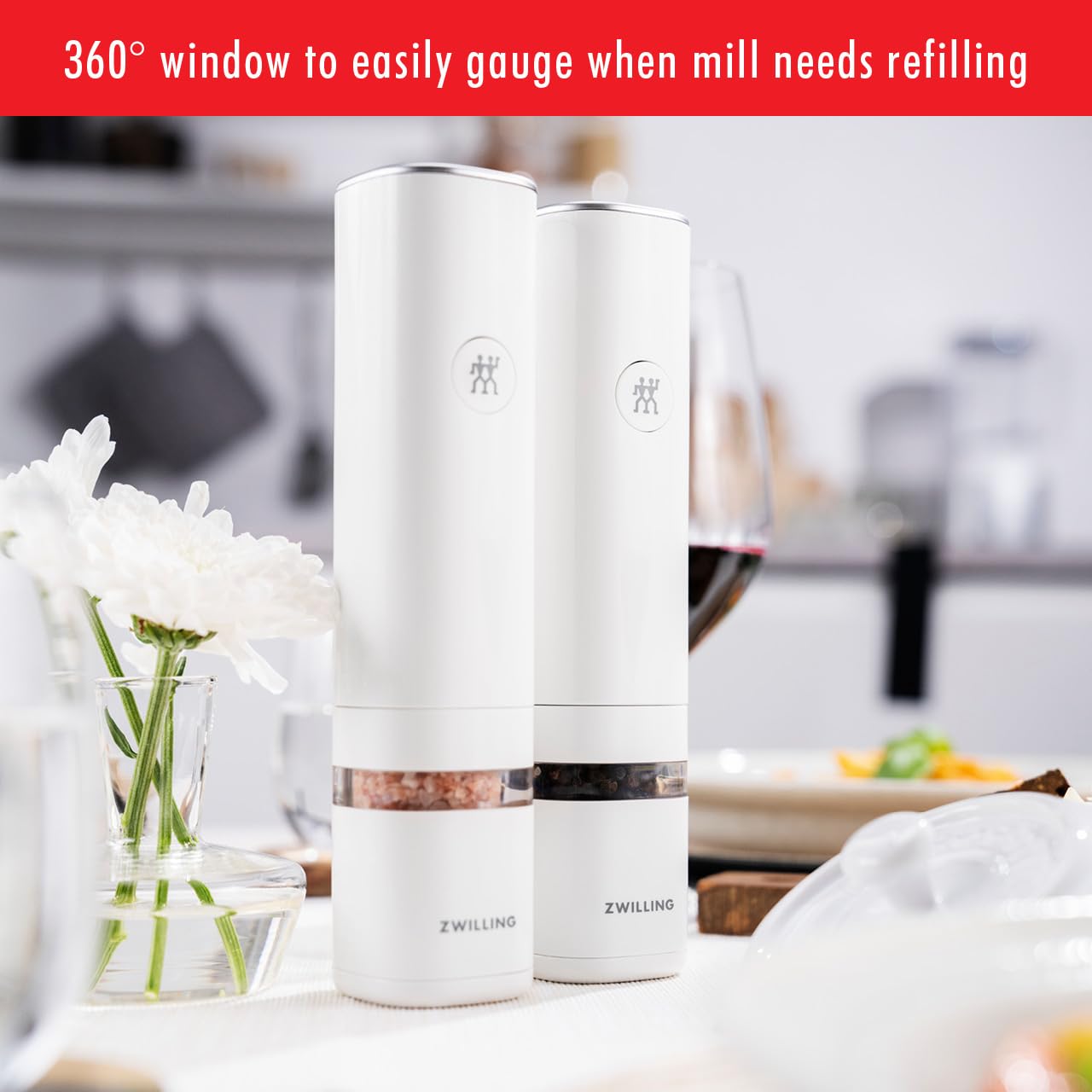 ZWILLING Enfinigy Electric Salt and Pepper Mill Set - Battery Operated, Adjustable Grinder for Fresh Seasoning - Perfect for Kitchen, Dining Table, and Gourmet Cooking - White