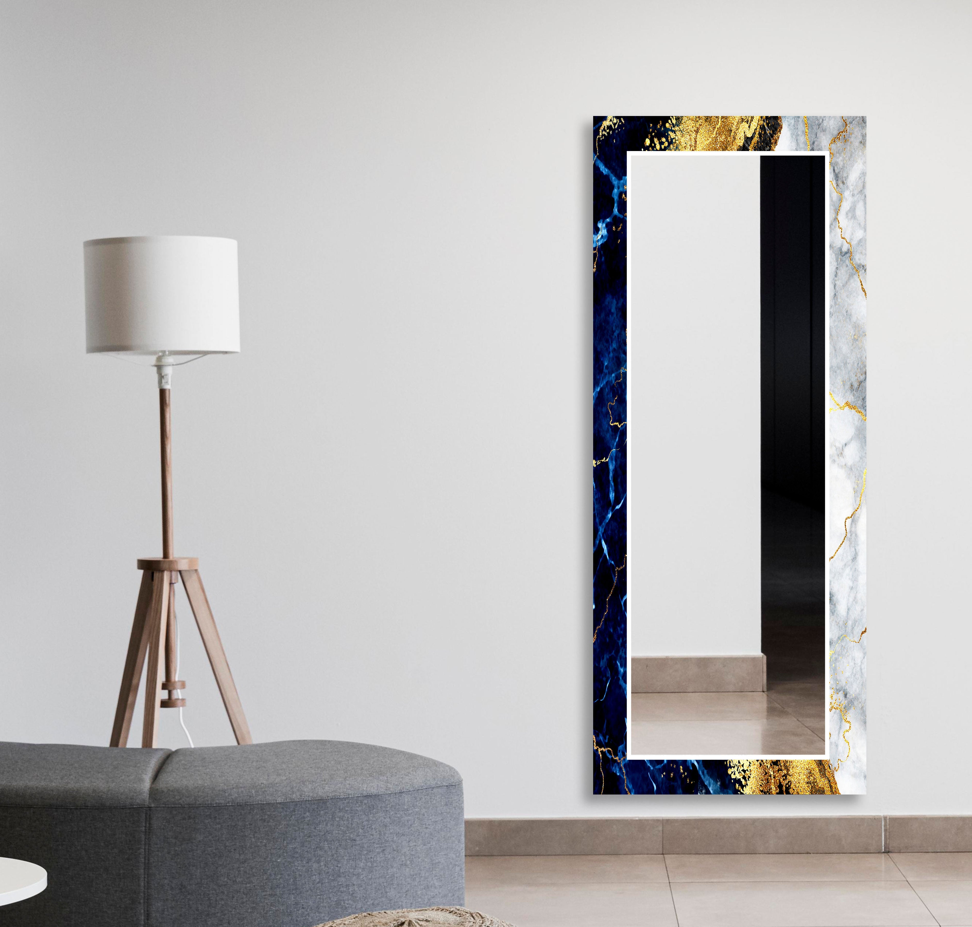 Elegant Blue Marble with Gold Accents Wall Mirror - Perfect for Living Room, Bedroom, and Entryway Décor