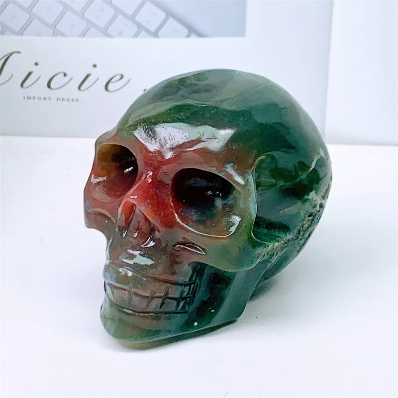 Natural Moss Agate Skull Carving Sculpture - Healing Crystal Gemstone Art for Home Decor, Meditation & Spiritual Healing - 1 Piece (399g) | Perfect for Yoga Spaces, Altars & Gothic Home Décor