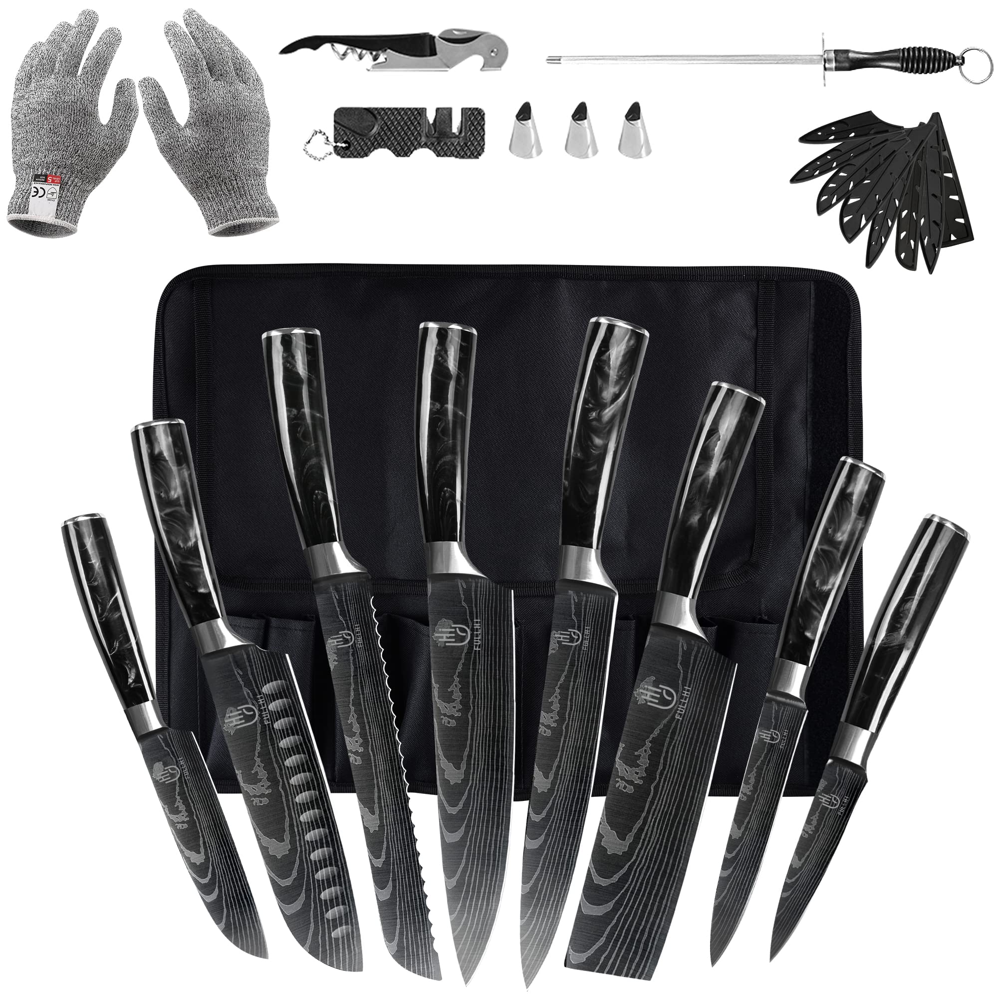 Premium 14-Piece Japanese Knife Set - German Stainless Steel Kitchen Knives by FULLHI - Perfect for Professional Chefs & Home Cooking Enthusiasts