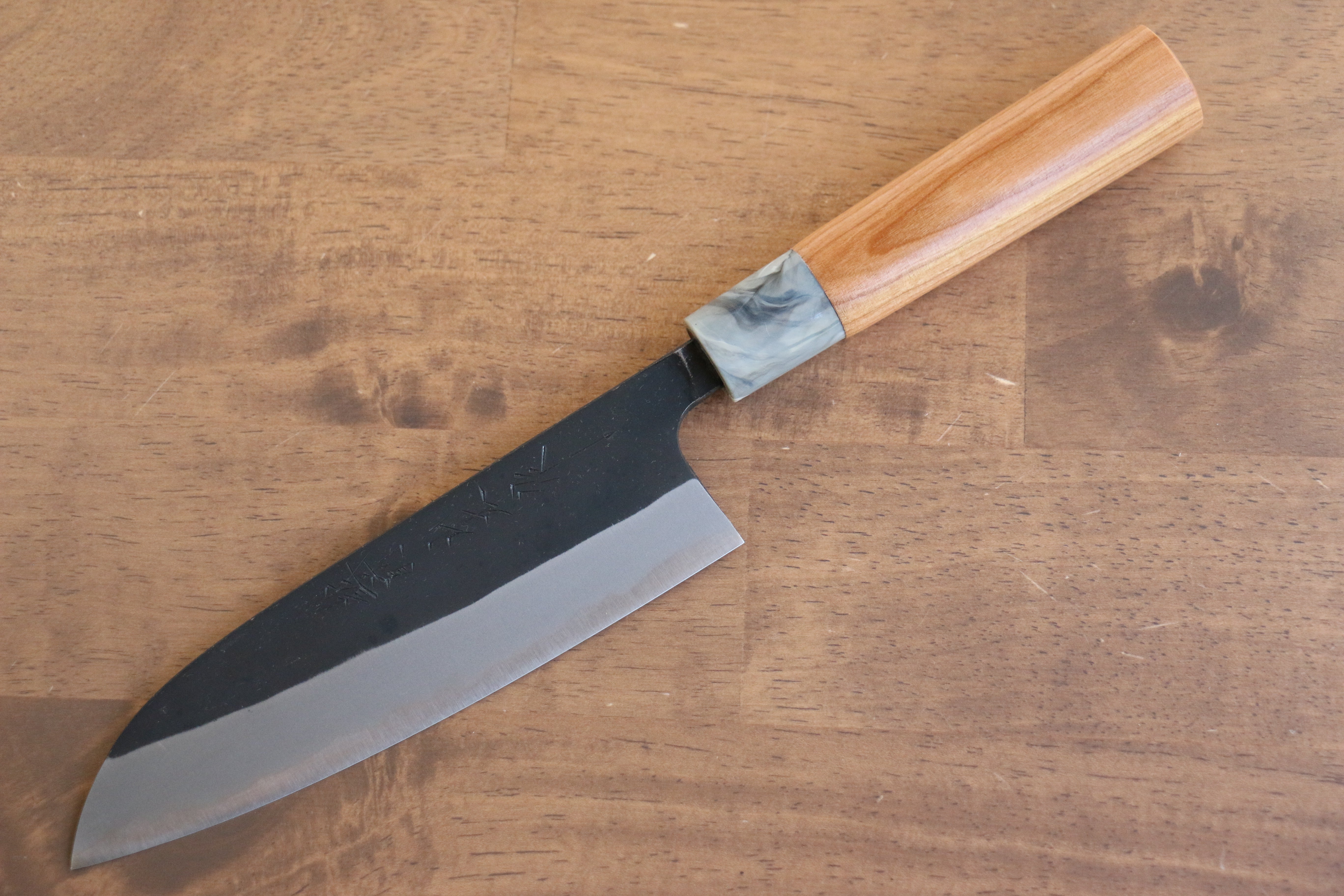 Premium Nao Yamamoto White Steel No.2 Kurouchi Santoku Knife 170mm with Cherry Wood Handle - Perfect for Slicing, Dicing & Chopping Vegetables in Professional & Home Kitchens