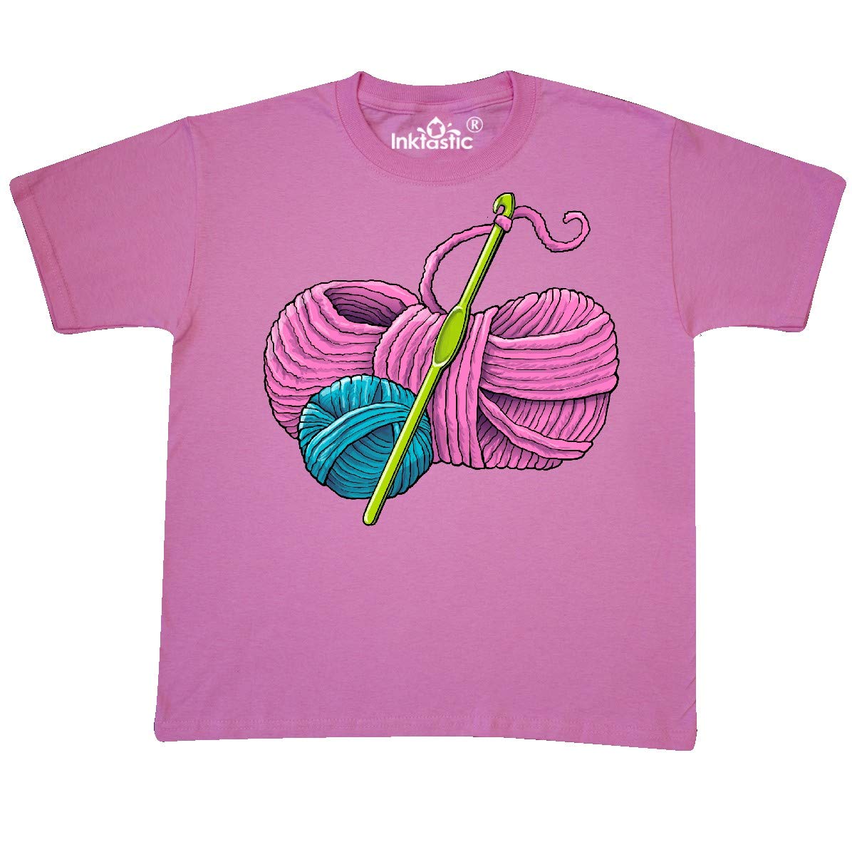 Inktastic Blue and Pink Yarn with Crochet Hook Youth T-Shirt - Soft Cotton Tee for Kids & Teens - Perfect for Craft Lovers, Crochet Enthusiasts & DIY Fashion