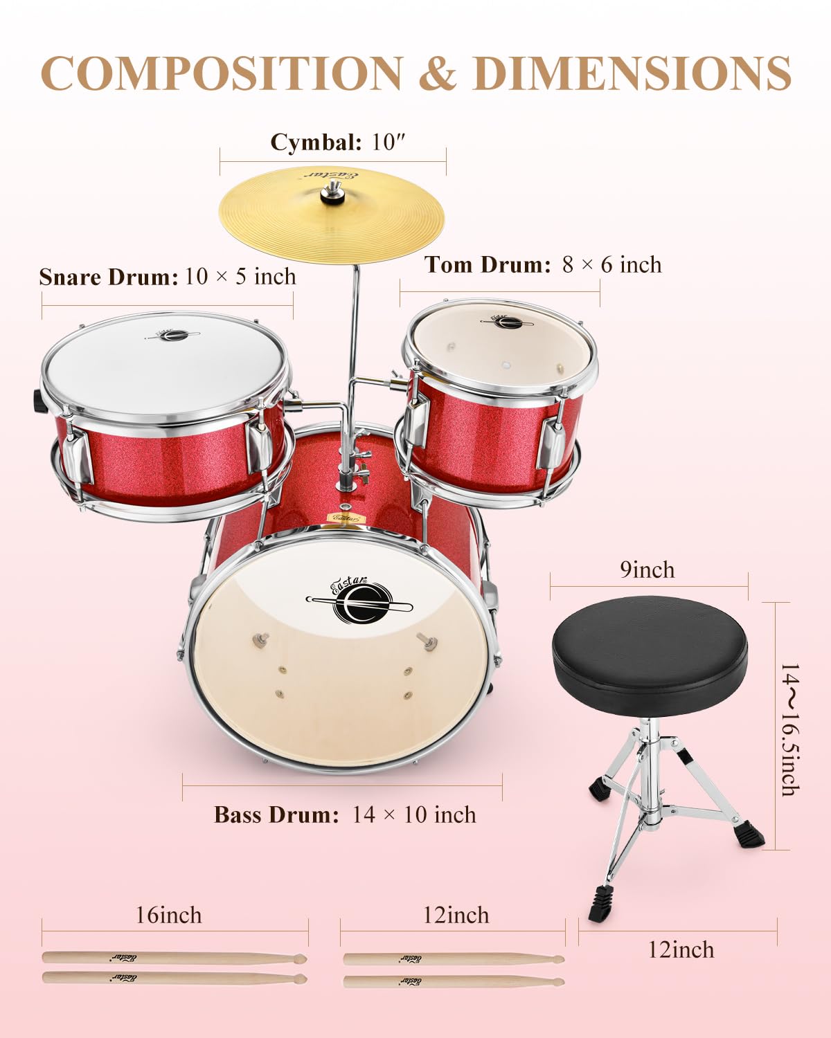 Eastar 3-Piece 14'' Junior Drum Set for Kids & Beginners - Complete Drum Kit with Adjustable Throne, Cymbal, Pedal & 2 Pairs Drumsticks - Perfect for Home Practice, Music Lessons & First-Time Players (Metallic Red)