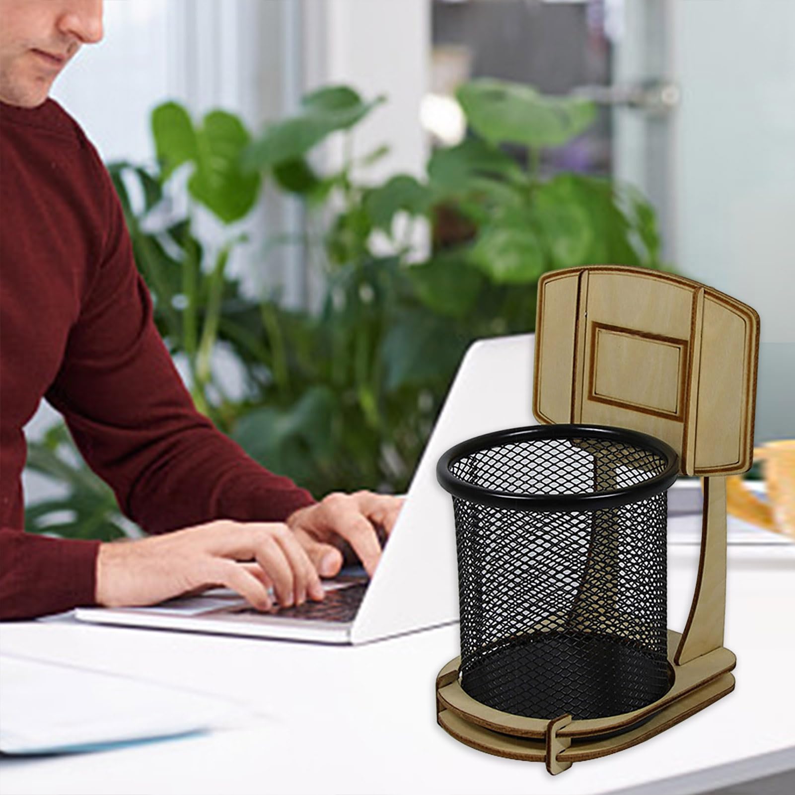 Walbest Wooden Basketball Stand Pen Holder - Desk Organizer for Pencils, Pens & Office Supplies - Mesh Cup for Storage - Perfect for Home, Office & School - Great Gift for Kids & Basketball Fans