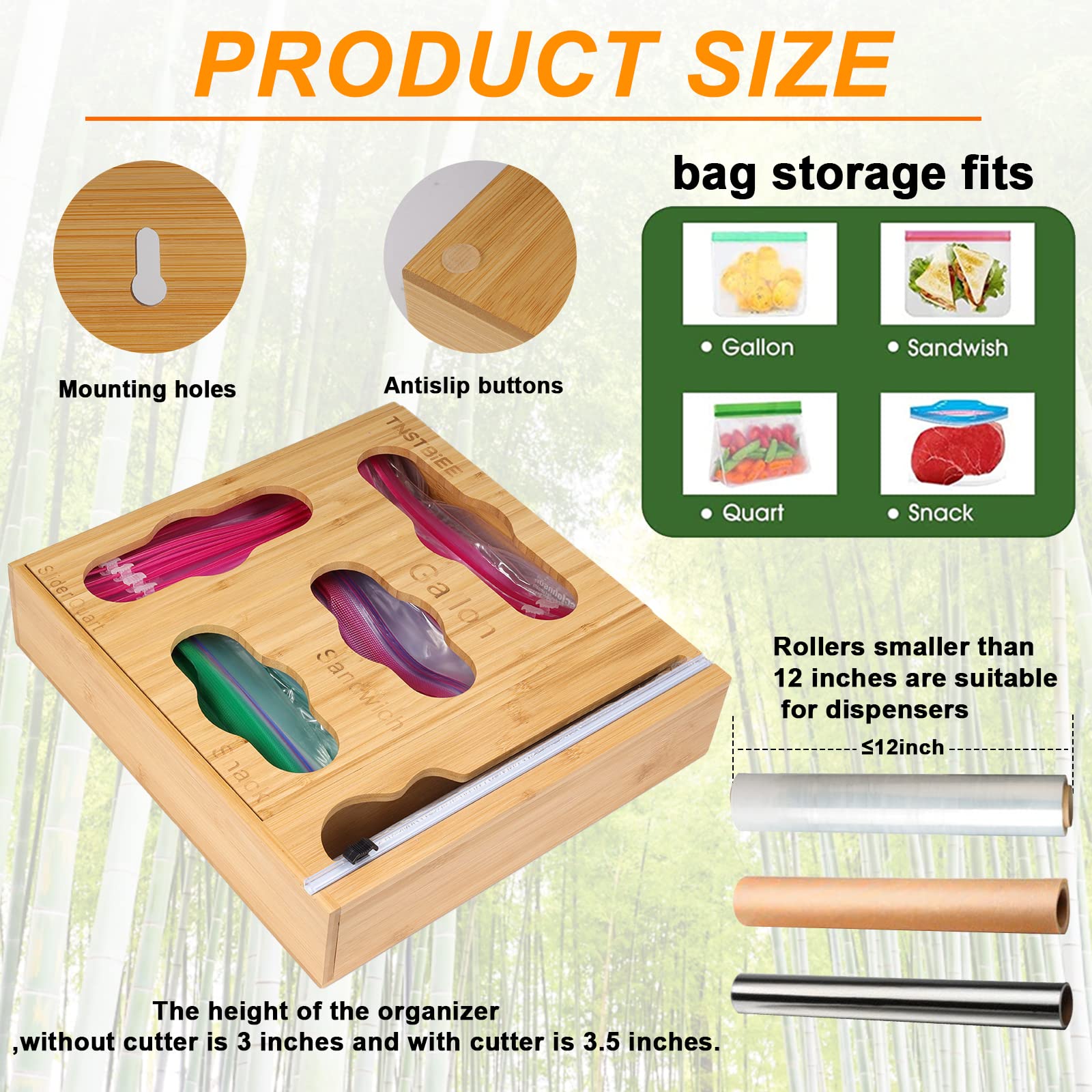 5-in-1 Bamboo Drawer Organizer for Gallon Bags, Quart Bags, Sandwich Bags, Snack Bags & Food Wraps - Kitchen Storage Solution for Plastic Bags & Aluminum Foil - Perfect for Pantry, Cabinet & Drawer Organization