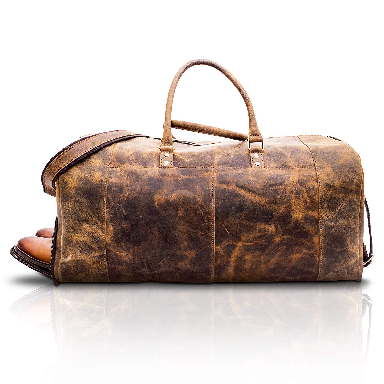 Premium 24 Inch Full Grain Leather Duffel Bag for Men & Women - Travel, Gym, Overnight & Weekend Carry-On with Shoe Pocket (Brown Tan) - Perfect for Business Trips, Workouts & Adventure Travel
