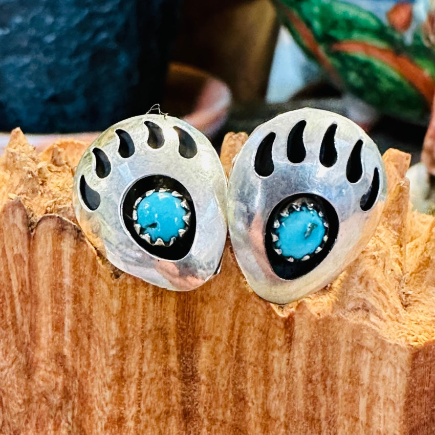 Vintage Sterling Silver Bear Track Turquoise Stud Earrings for Women – Handmade Native American Jewelry for Casual & Boho Outfits
