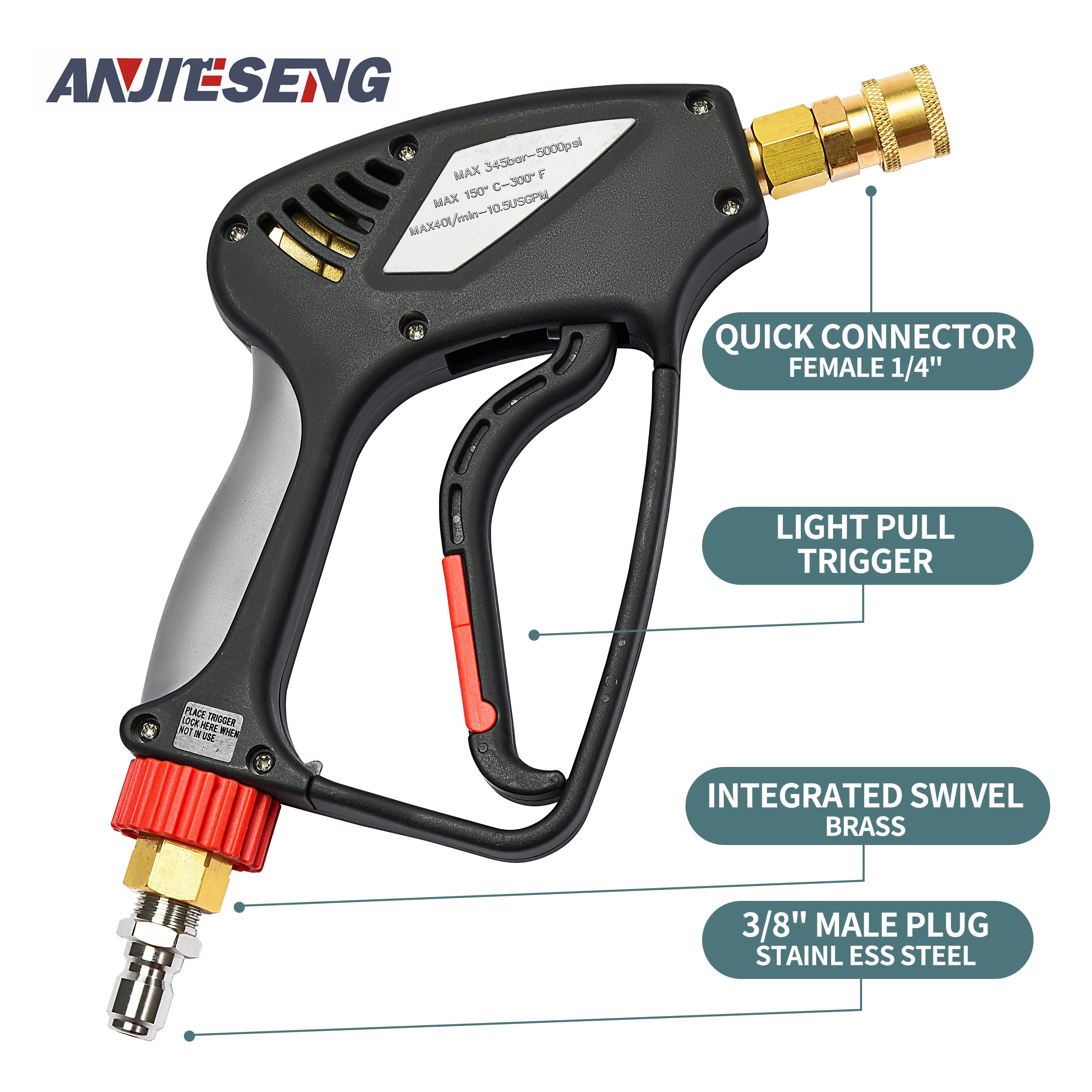High-Performance 5000 PSI 10.5 GPM Pressure Washer Gun with 360° Swivel, 3/8