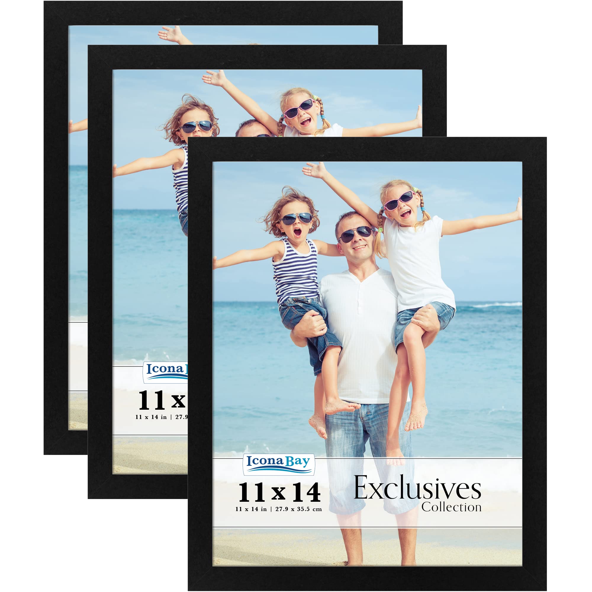 Icona Bay 11x14 Picture Frames (Black, 3 Pack) - Premium Wood Composite Photo Frames for Wall or Tabletop Display - Perfect for Family Photos, Artwork, and Home Decor