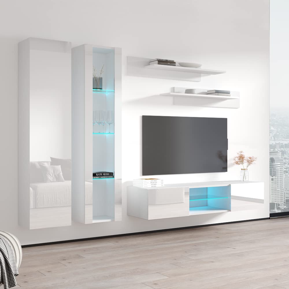 Modern White Wall-Mounted TV Stand with Storage Shelves & LED Lights - Floating Entertainment Center Console for Bedroom & Living Room - Perfect for Small Spaces & Home Theater Setups - Meble Furniture Fly A4 33TV Stand