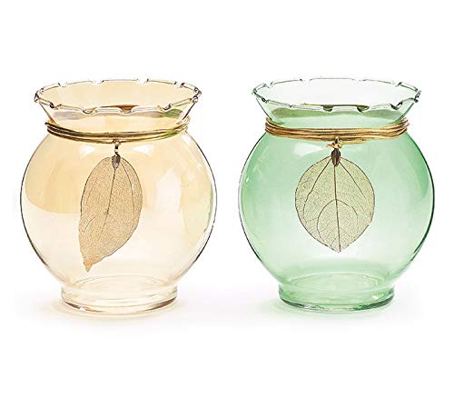 Set of 2 Short Round Glass Vases with Gold and Green Leaf Design - Perfect for Home Decor, Wedding Centerpieces & Floral Arrangements