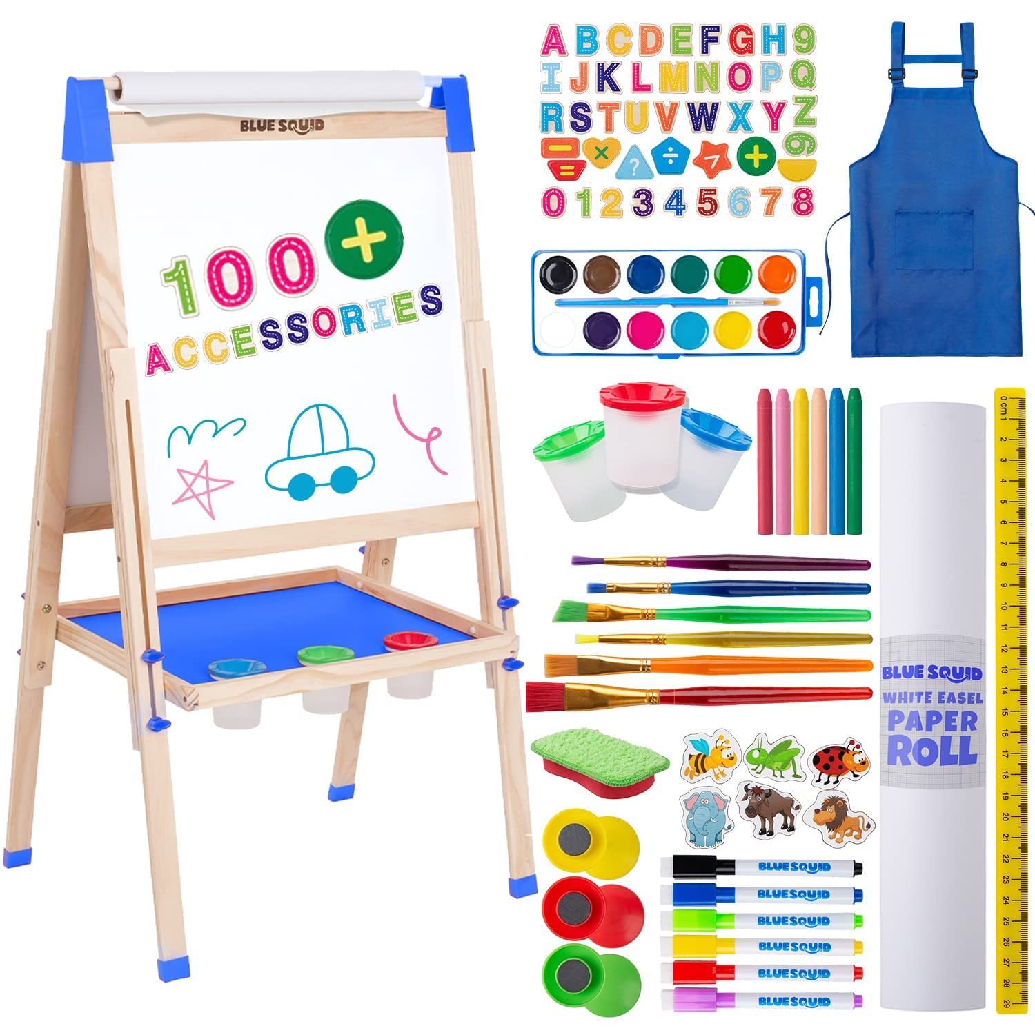 Blue Squid Kids Art Easel - Double Sided Wooden Drawing Board with Magnetic Chalkboard, Dry Erase Whiteboard & Paper Roll - 100+ Accessories Art Set for Toddlers Ages 3-12 - Perfect for Home, Classroom & Creative Play