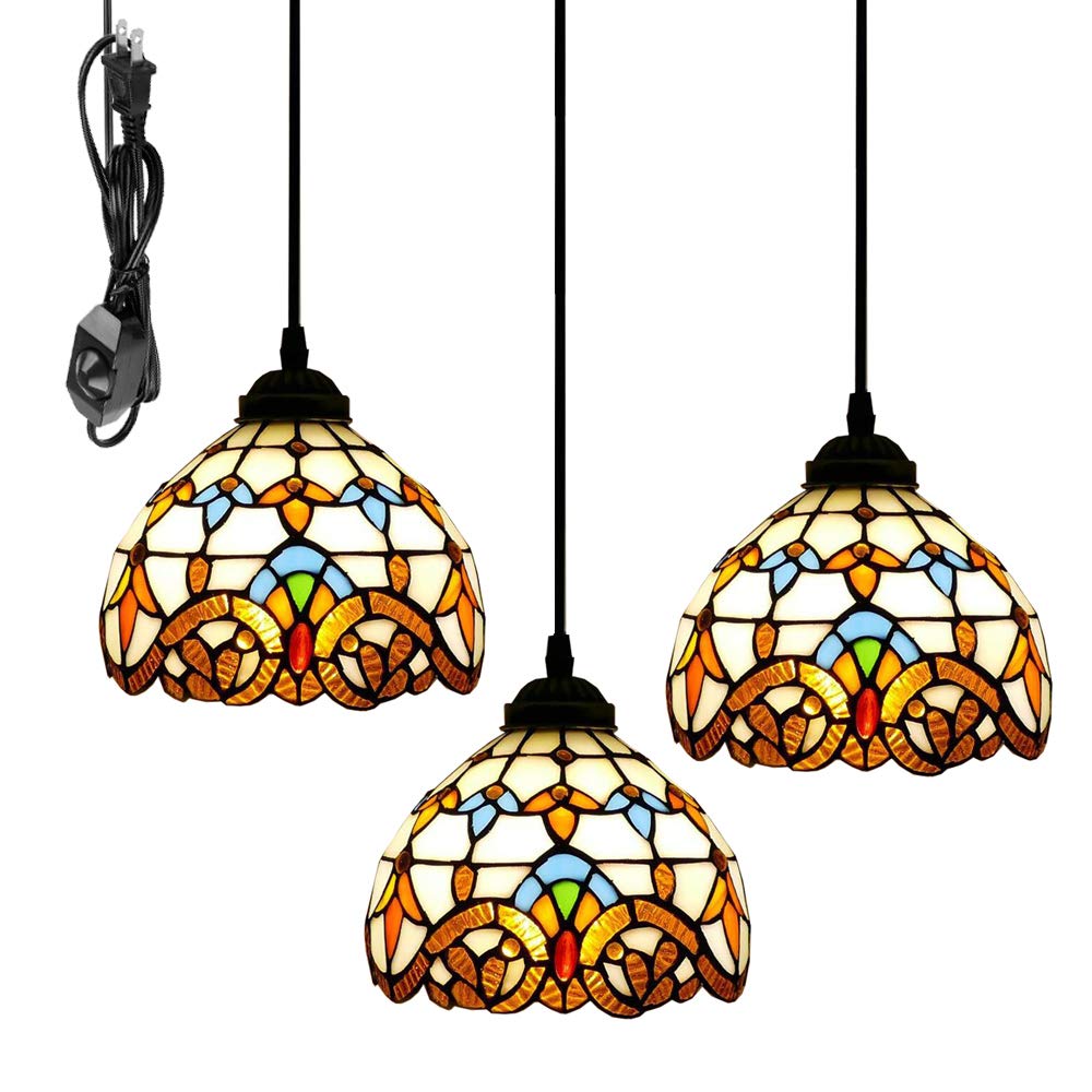 Tiffany Style Pendant Light - Handmade Plug-in 15ft UL Listed Black Cord with Dimmable Switch, Glass Swag Pendant Lighting, E26 Base, Customizable 3-Pack - Perfect for Dining Room, Kitchen Island, and Bedroom Decor