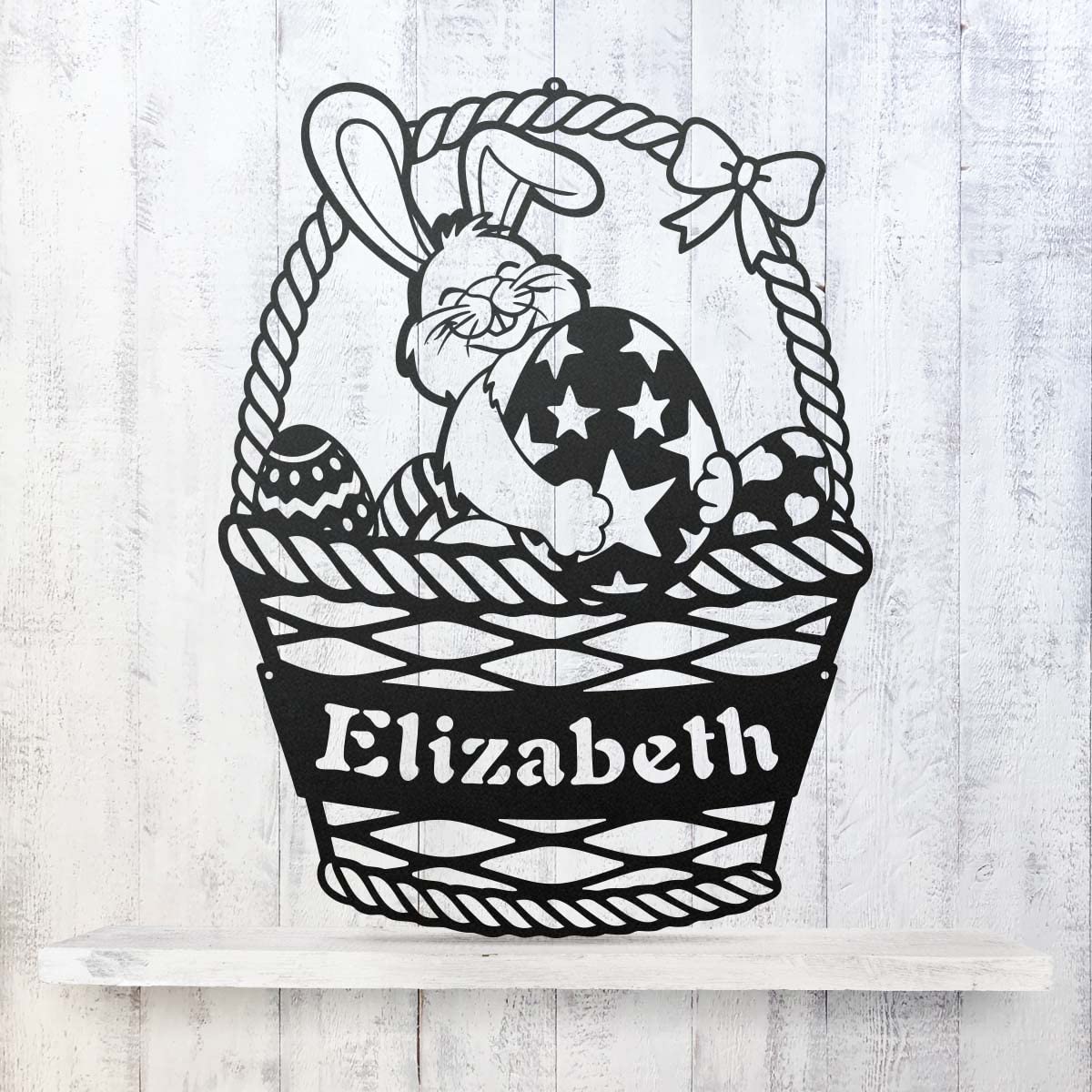 RealSteel Easter Bunny Monogram - Custom Spring Home Decor - Personalized Rabbit & Easter Egg Basket Wall Art - Rustic 18x13.5 Inch - Perfect for Easter Gifts, Nursery Decor & Spring Living Room Accents