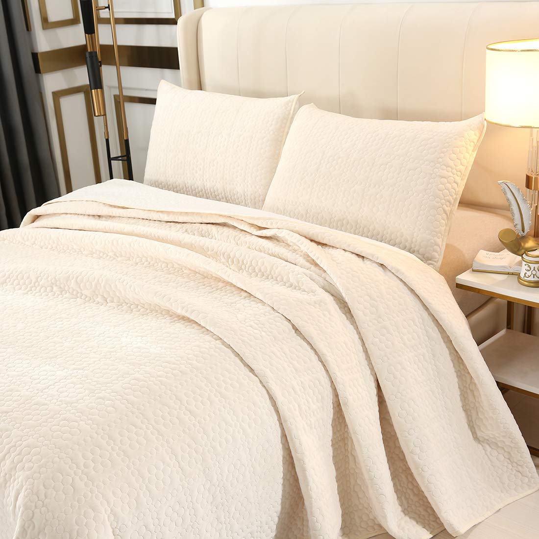 Floral Velvet Quilt Set 3-Piece Queen Size - Super Soft Reversible Bedspread Coverlet with Pillow Shams | Cream Luxury Bedding for Winter Warmth | Perfect for Master Bedroom, Guest Room & Cozy Home Decor