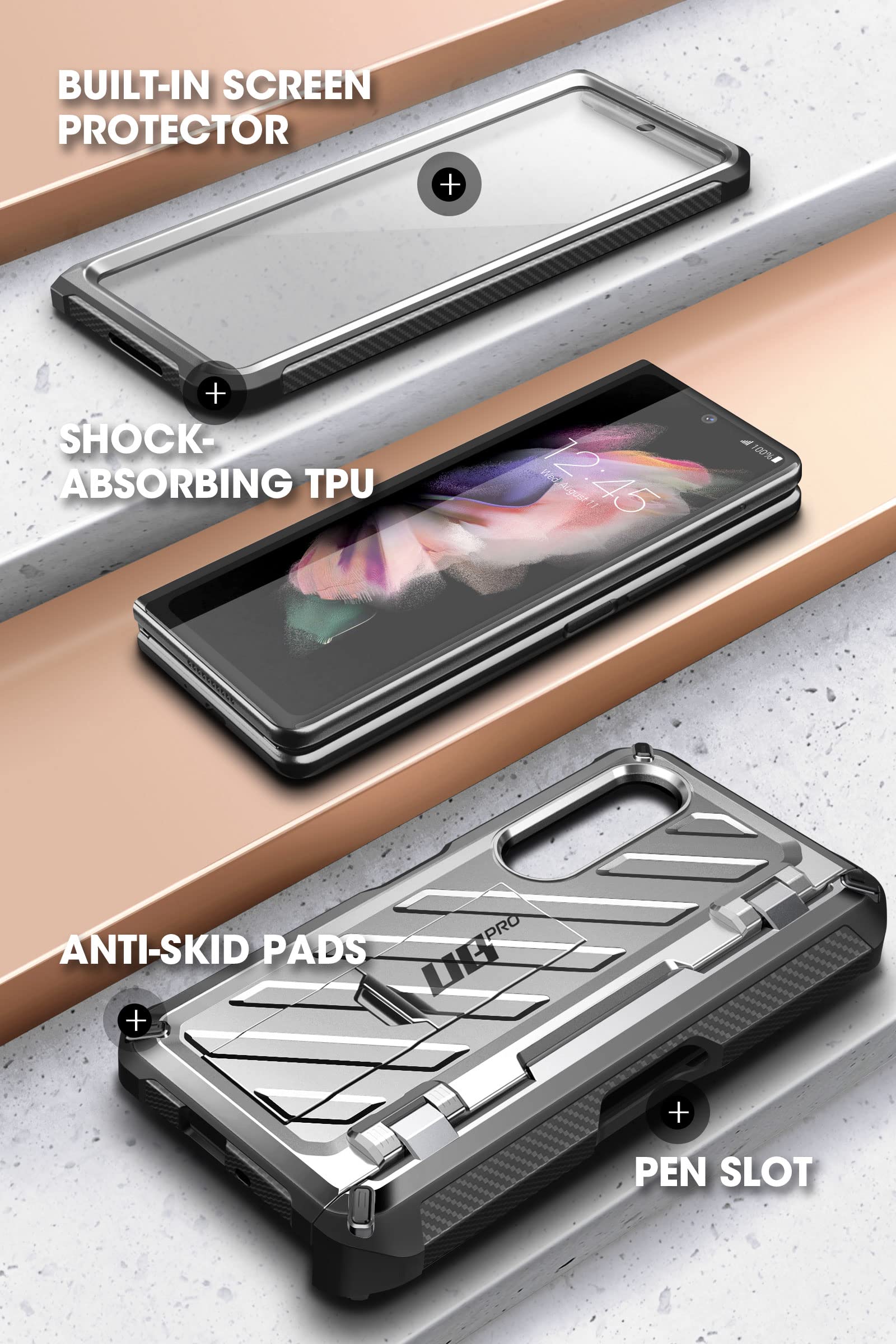 SUPCASE Unicorn Beetle Pro Case for Samsung Galaxy Z Fold 3 with S Pen Holder - Built-in Screen Protector & Kickstand | Military-Grade Protection | Heavy Duty Shockproof Phone Cover (Silver) - Perfect for Work, Travel & Outdoor Activities