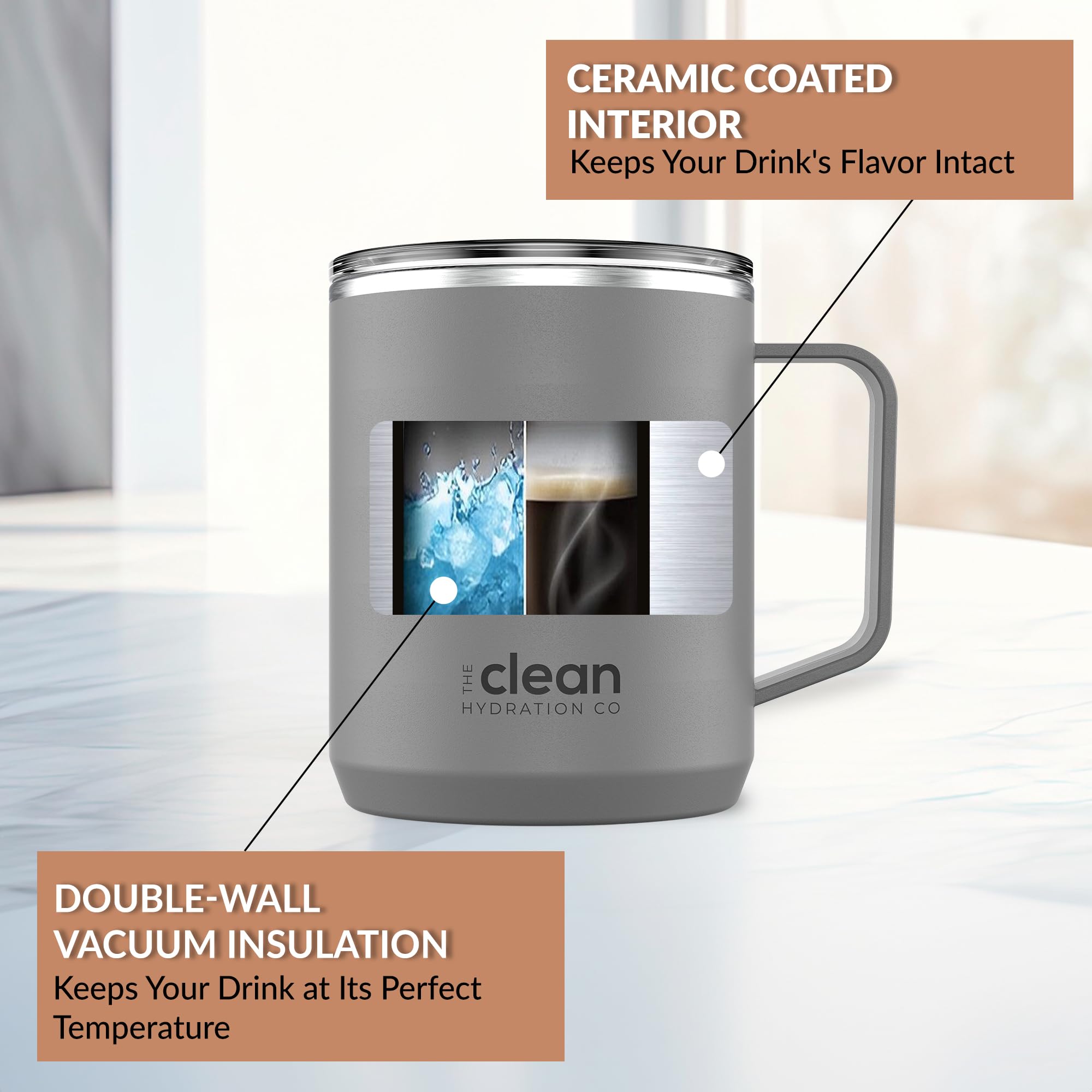 Premium Insulated Coffee Tumbler - 12oz Vacuum Sealed Travel Mug with Ceramic Lining & Leak-Proof Lid | Keeps Hot/Cold for Hours | Perfect for Commuting, Camping & Office Use (Gray)