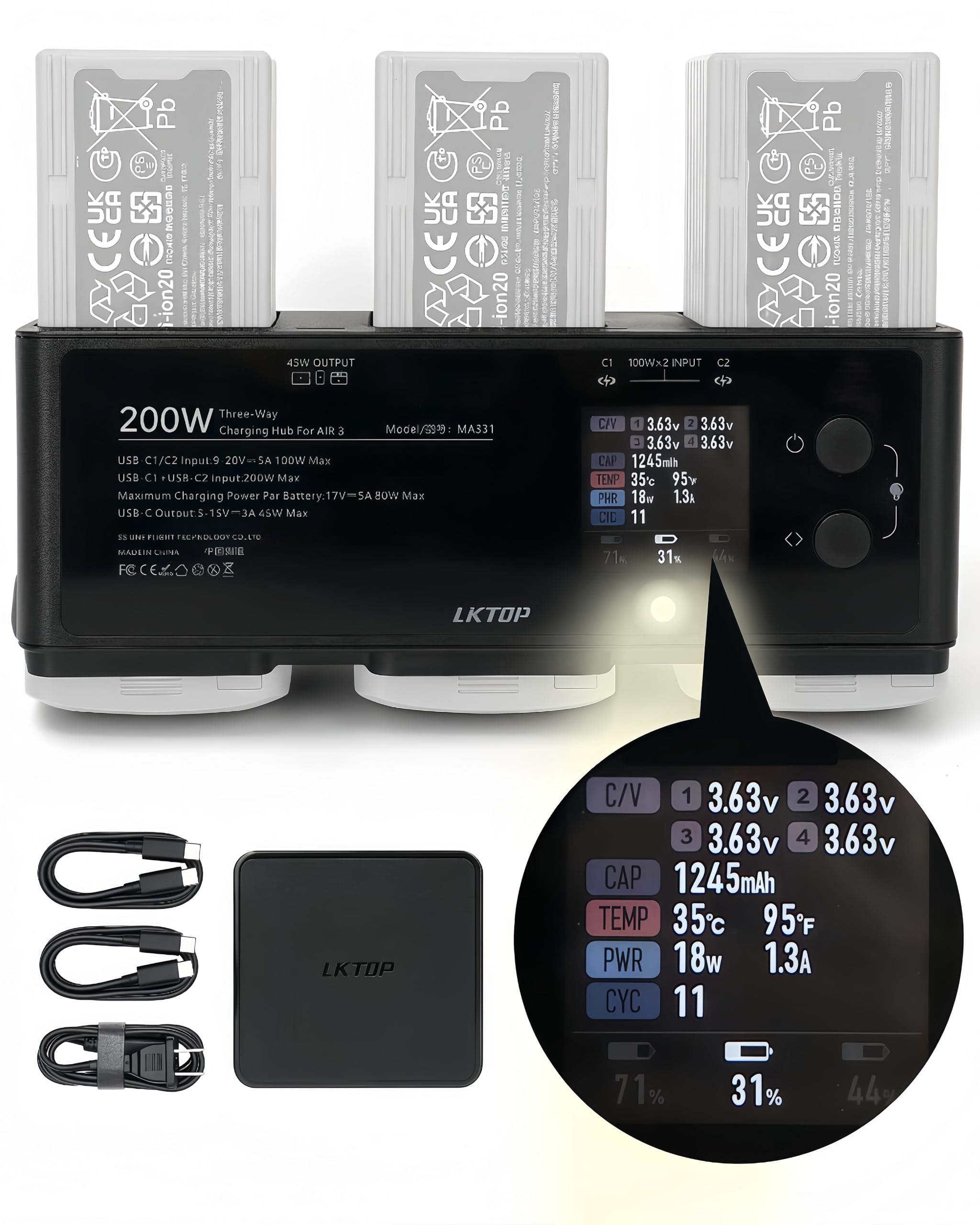 200W Fast Charging Kit for DJI Air 3/Air 3S Drone - Includes 100W USB-C Power Adapter, LED Display, Storage/Gathering Mode & Alarm - Perfect for Outdoor Drone Photography, Travel & Professional Aerial Shoots