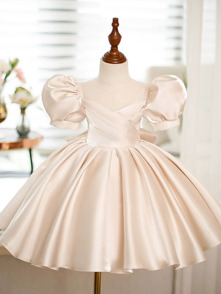 Champagne Princess Round Neck Tea-Length Satin Flower Girl Dress for Weddings, Parties & Special Occasions