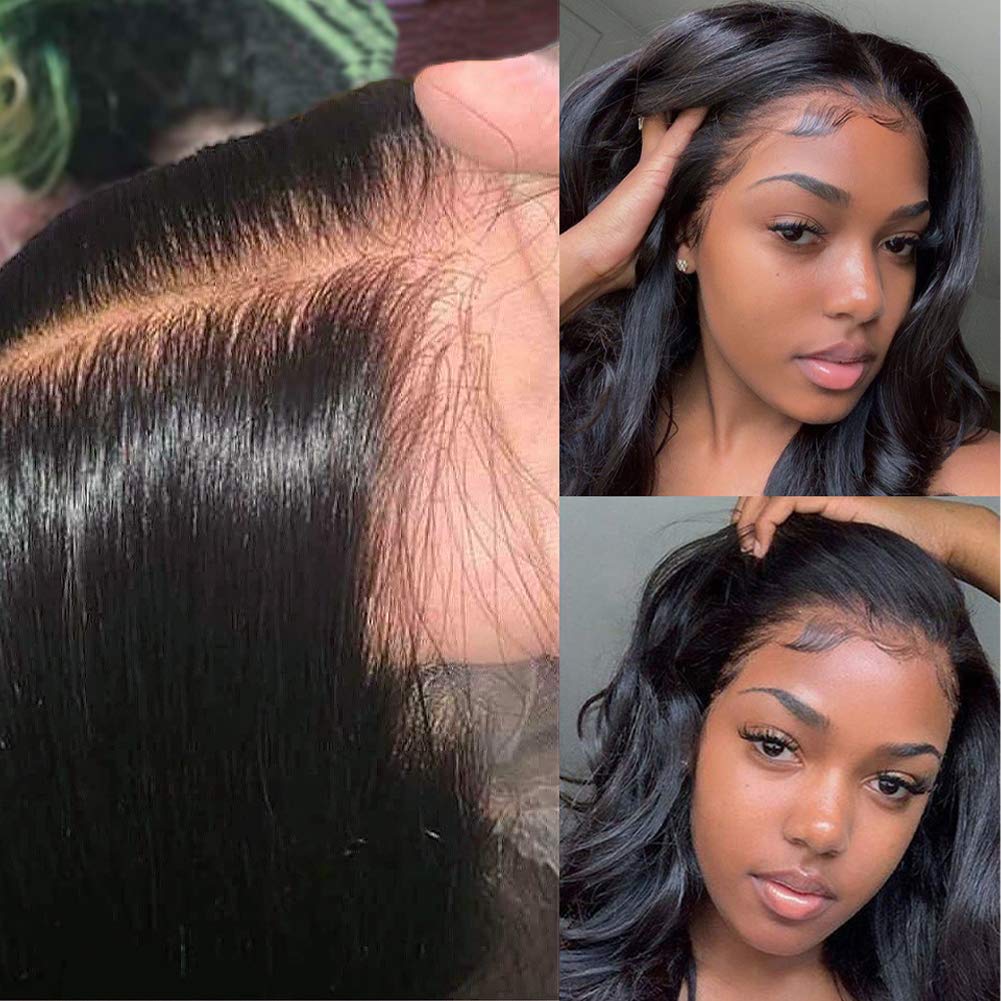 Jet Black Brazilian Human Hair Wig - T Part Lace Front Wig with Pre Plucked Hairline & Baby Hair, Body Wave 22