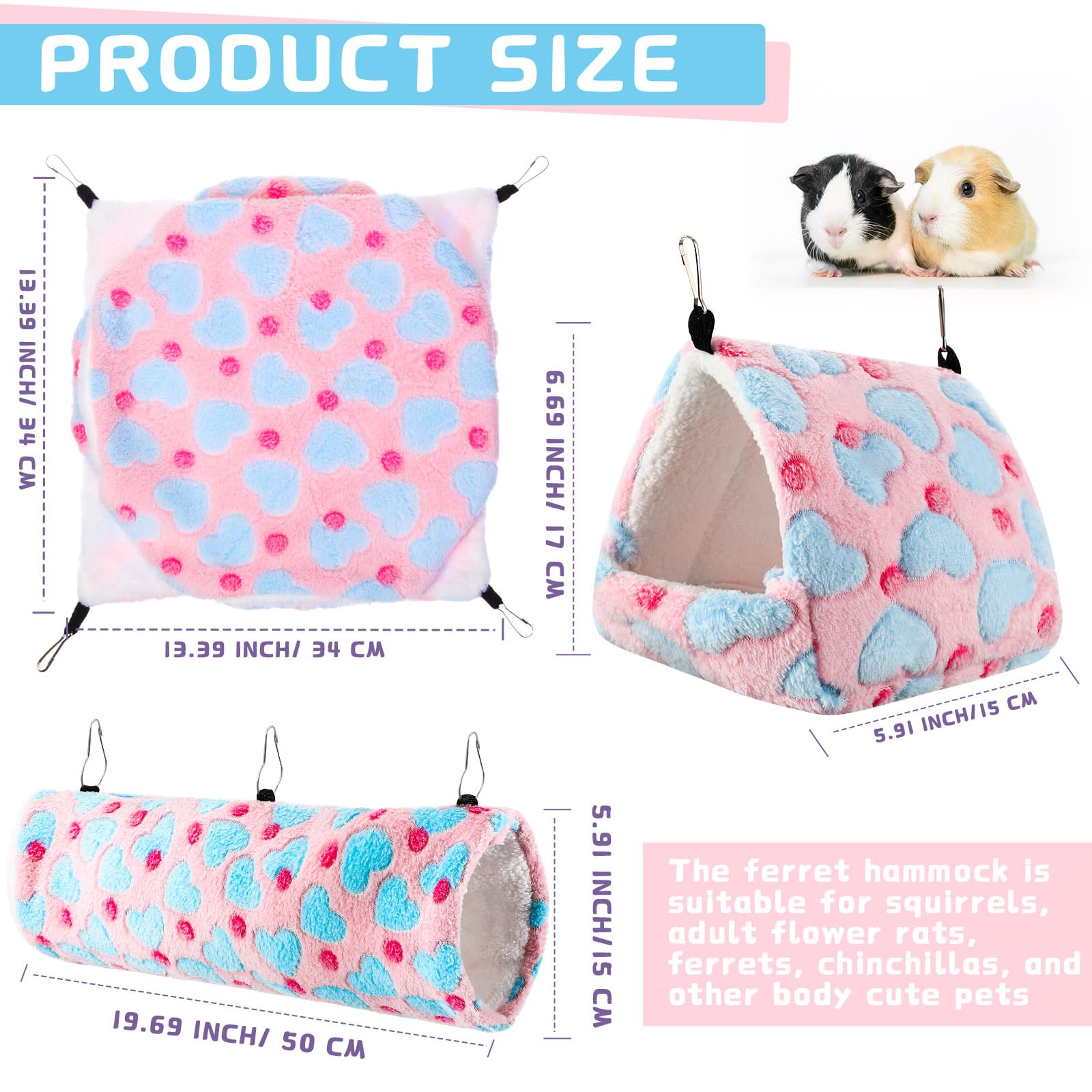 **Abbylike 9-Piece Rat Hammock Set - Guinea Pig & Ferret Hanging Tunnel, Glider Toy, Hideout Bed - Small Pet Cage Accessories for Hamsters (Green, Purple, Pink, Heart) - Perfect for Playtime & Cozy Napping**