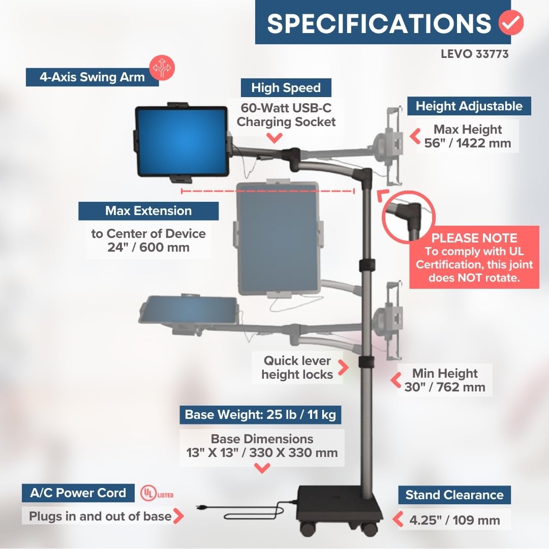 LEVO G2 Commercial Heavy-Duty Ergonomic Tablet Rolling Cart Stand with 60W USB-C Charging Port - Compatible with iPad Pro, Surface Pro, Samsung, Kindle & More Touchscreen Devices - Perfect for Schools, Hospitals, Retail Stores & Office Use