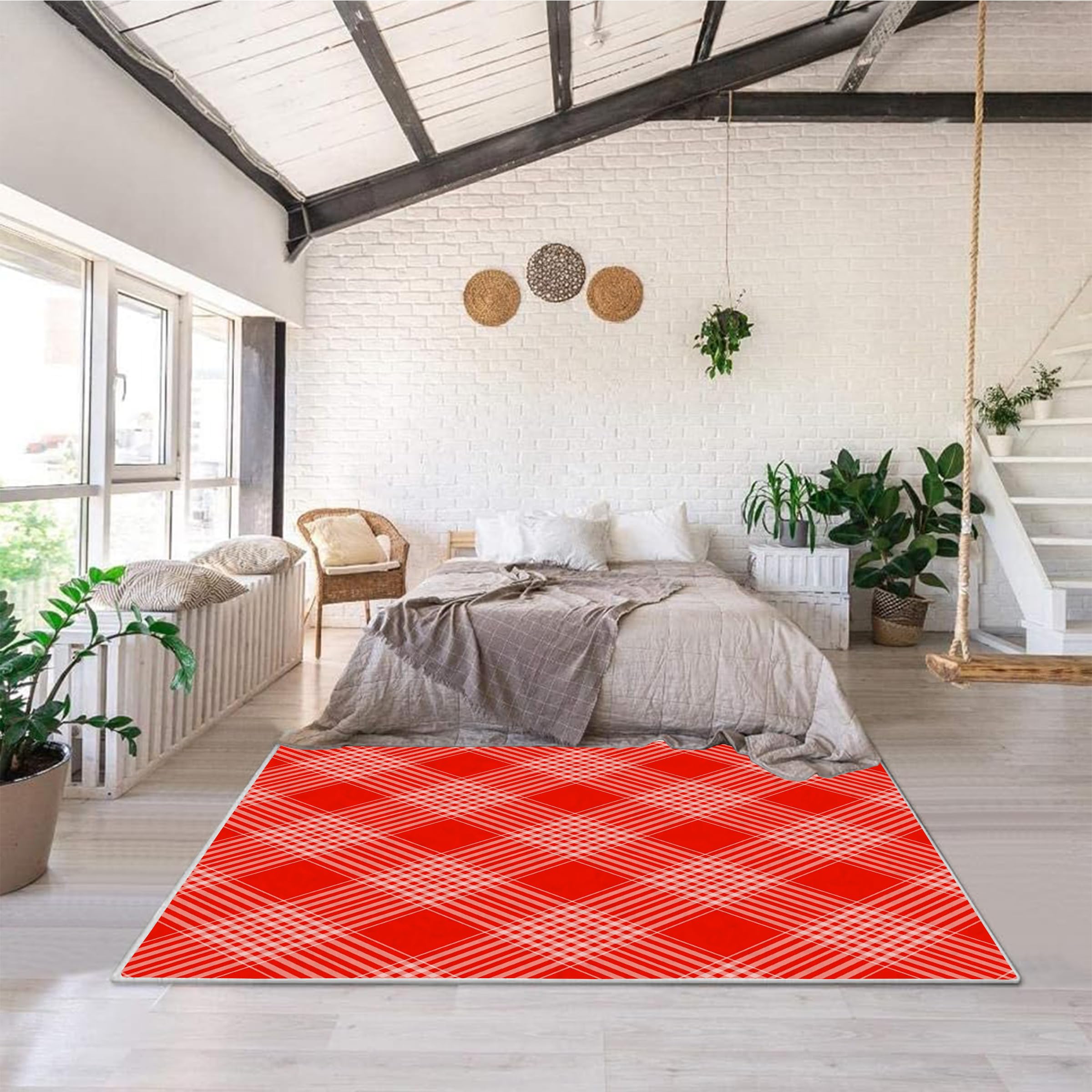 Washable 4x6 Red Checkered Area Rug - Non-Slip Low Pile Floor Carpet for Living Room, Bedroom, Home Office & Nursery | Perfect Play Mat for Kids & Pet-Friendly Space