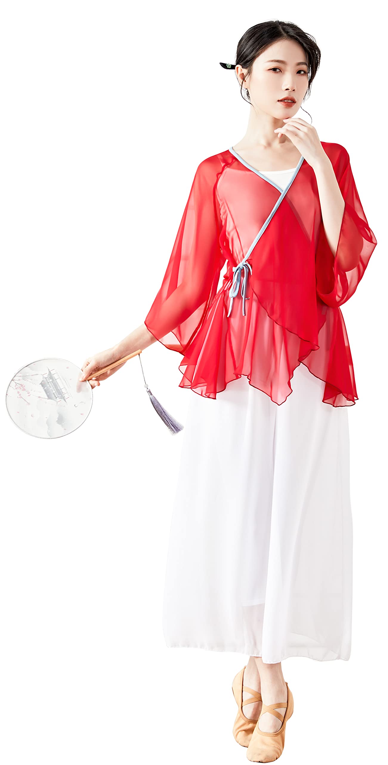 Angcoco Women's Chinese Style Asymmetrical Hem Sheer Cardigan Top - Elegant Dancewear & Casual Layering for Performances, Parties, and Everyday Wear
