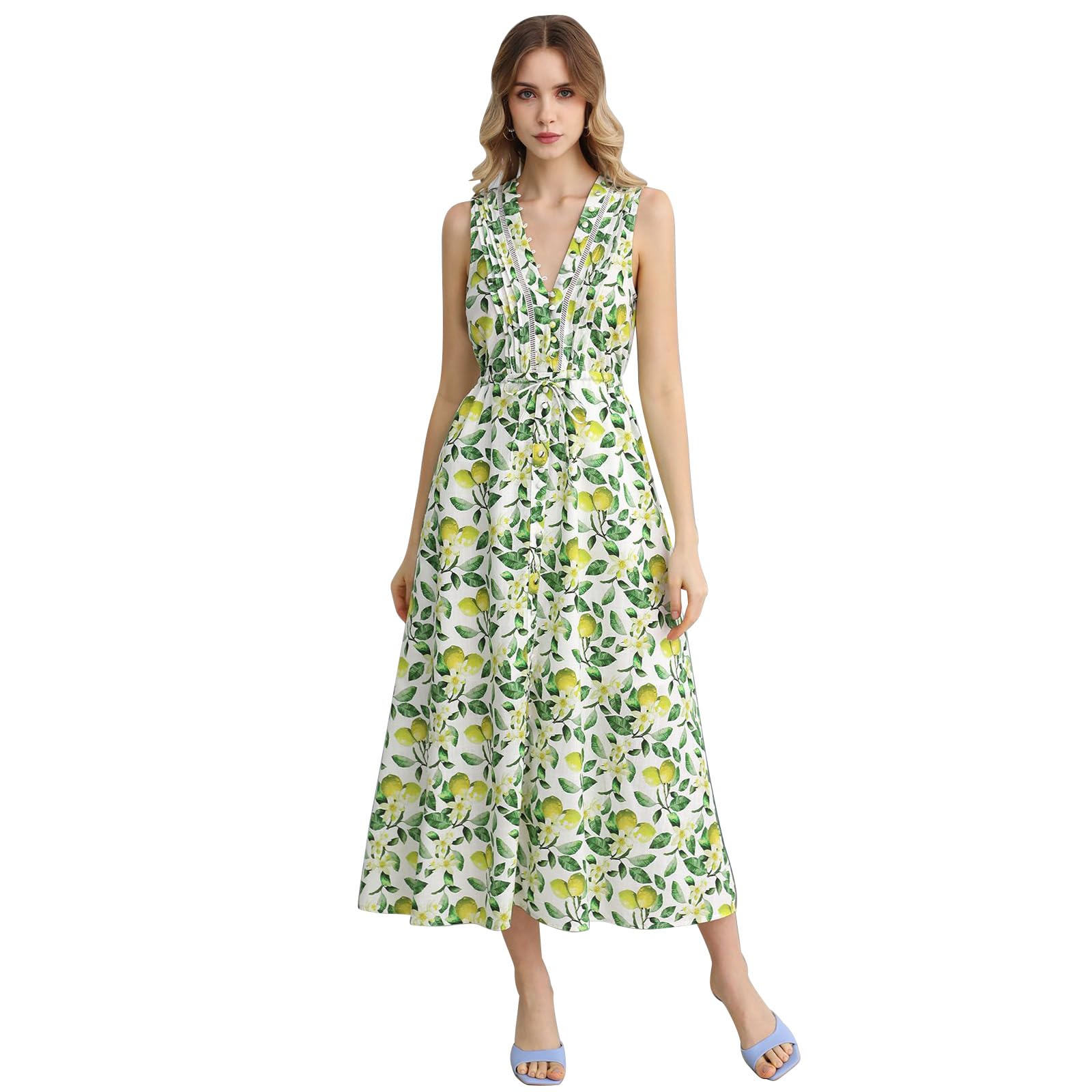CHICWISH Women's V-Neck Sleeveless Cotton Midi Dress - Lemon Print Button Down Beach Dress with Side Pockets | Perfect for Summer Vacation, Casual Outings & Tropical Getaways