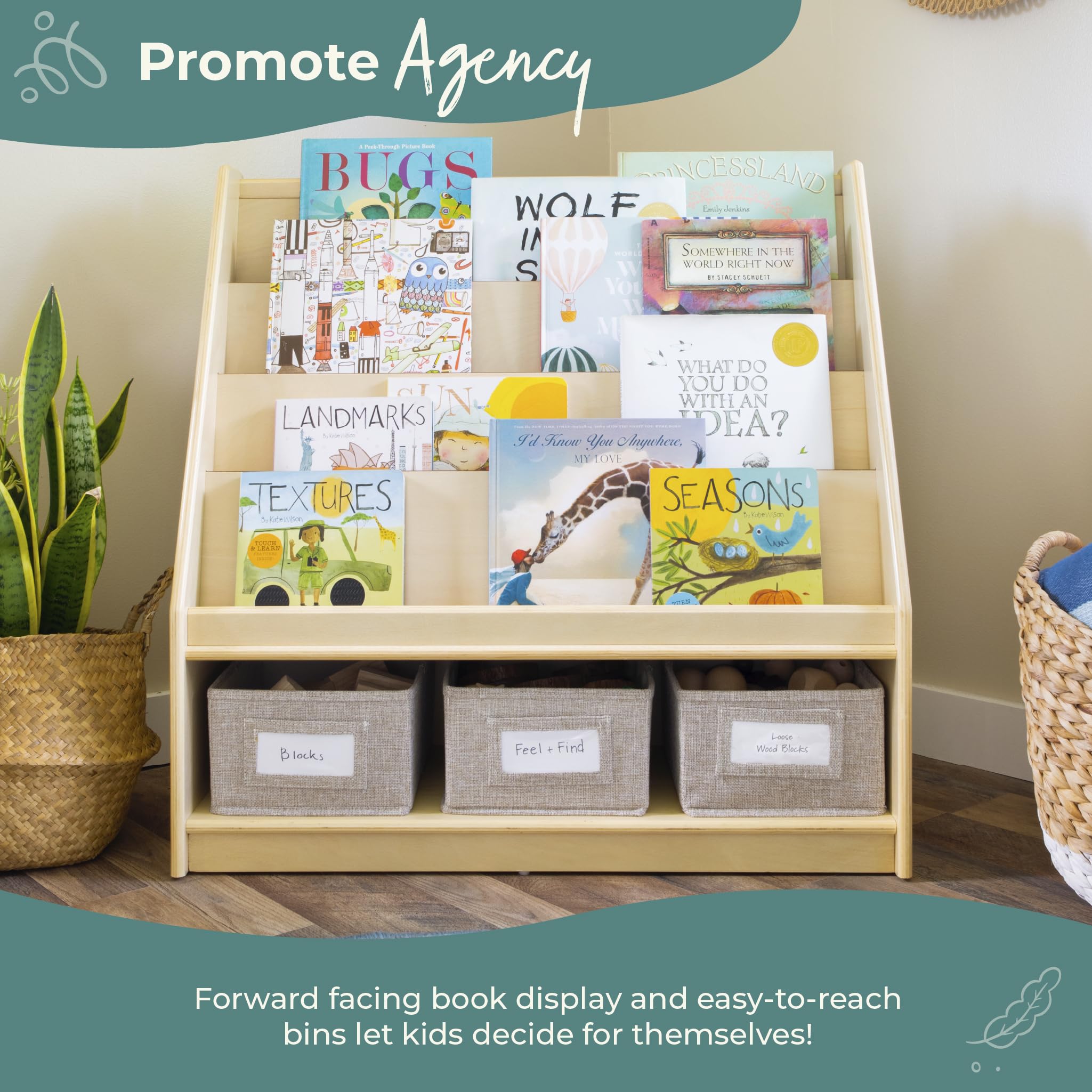 Guidecraft EdQ Natural Wood Book & Bin Display with 3 Fabric Storage Bins - Multi-Purpose Bookcase & Toy Organizer for Homeschool, Classroom & Kids' Room Storage Solutions