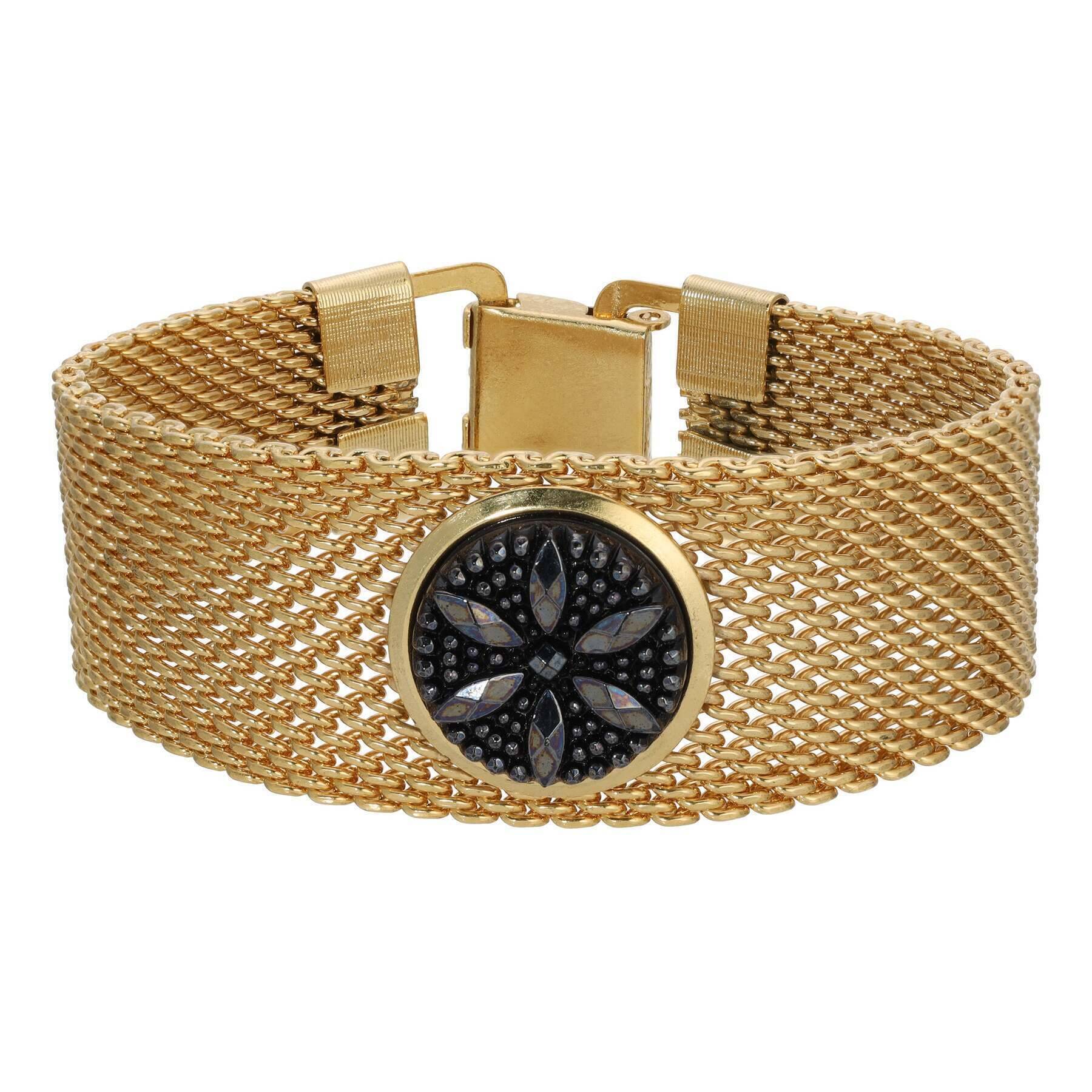 1928 Jewelry Black Glass Flower Gold Mesh Bracelet - Vintage Inspired Adjustable Chain Bracelet for Women - Perfect for Parties, Weddings & Everyday Wear