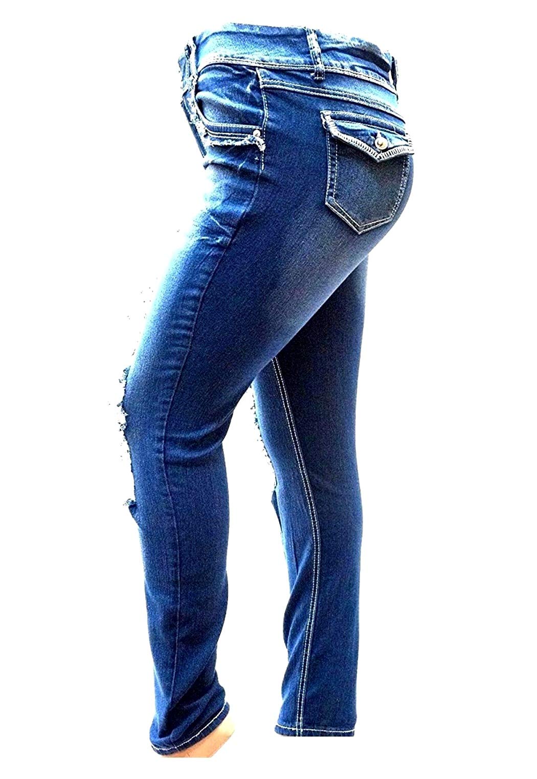 Jack David Women's Plus Size Distressed Ripped Destroyed Blue Denim Jeans - Skinny Bootcut Pants for Casual Wear & Street Fashion