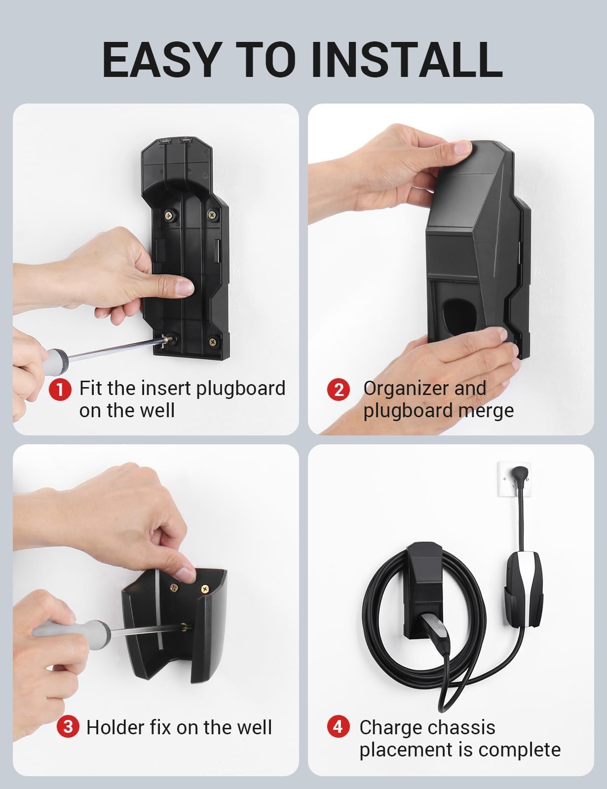 BASENOR Tesla Wall Mount Charger Holder & Cable Organizer for Model 3/Y/S/X & Cybertruck - Includes Chassis Bracket (CA300, Black) - Perfect for Home Garage & Travel Charging Organization