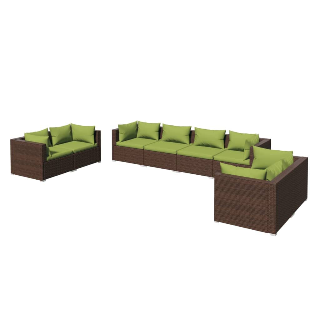 vidaXL 8-Piece Patio Lounge Set with Cushions - Brown Poly Rattan Outdoor Furniture with Green Cushions, Easy to Clean & Modular Design | Perfect for Backyard, Poolside & Garden Relaxation
