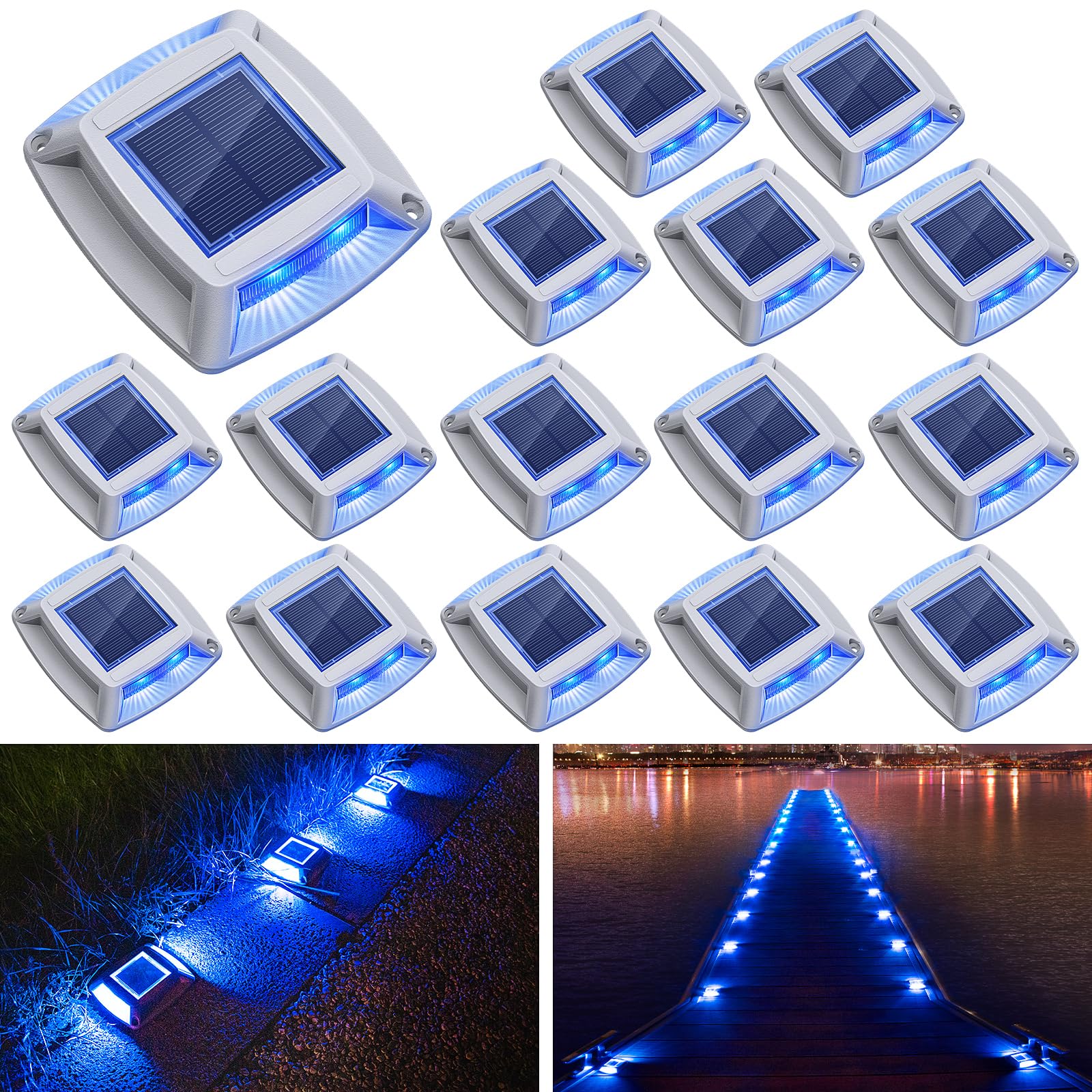 16 Pack Solar Driveway Lights - IP68 Waterproof Solar Powered LED Dock Lights for Driveway, Pathway, Walkway, Sidewalk, Garden, Yard, Stairs & Marine Use (Blue) - Perfect for Outdoor Landscape Lighting & Nighttime Safety