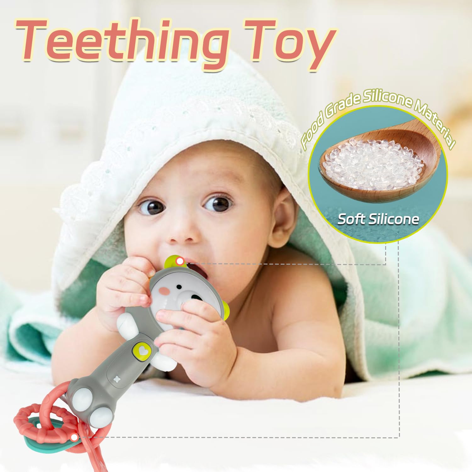 **Baby Music Rattle & Teething Toy for Infants 6-18 Months - Light-Up Chew Sensory Toy for Boys & Girls - Perfect Baby Shower Gift (Grizzlies) - Great for Soothing, Playtime & Early Development**