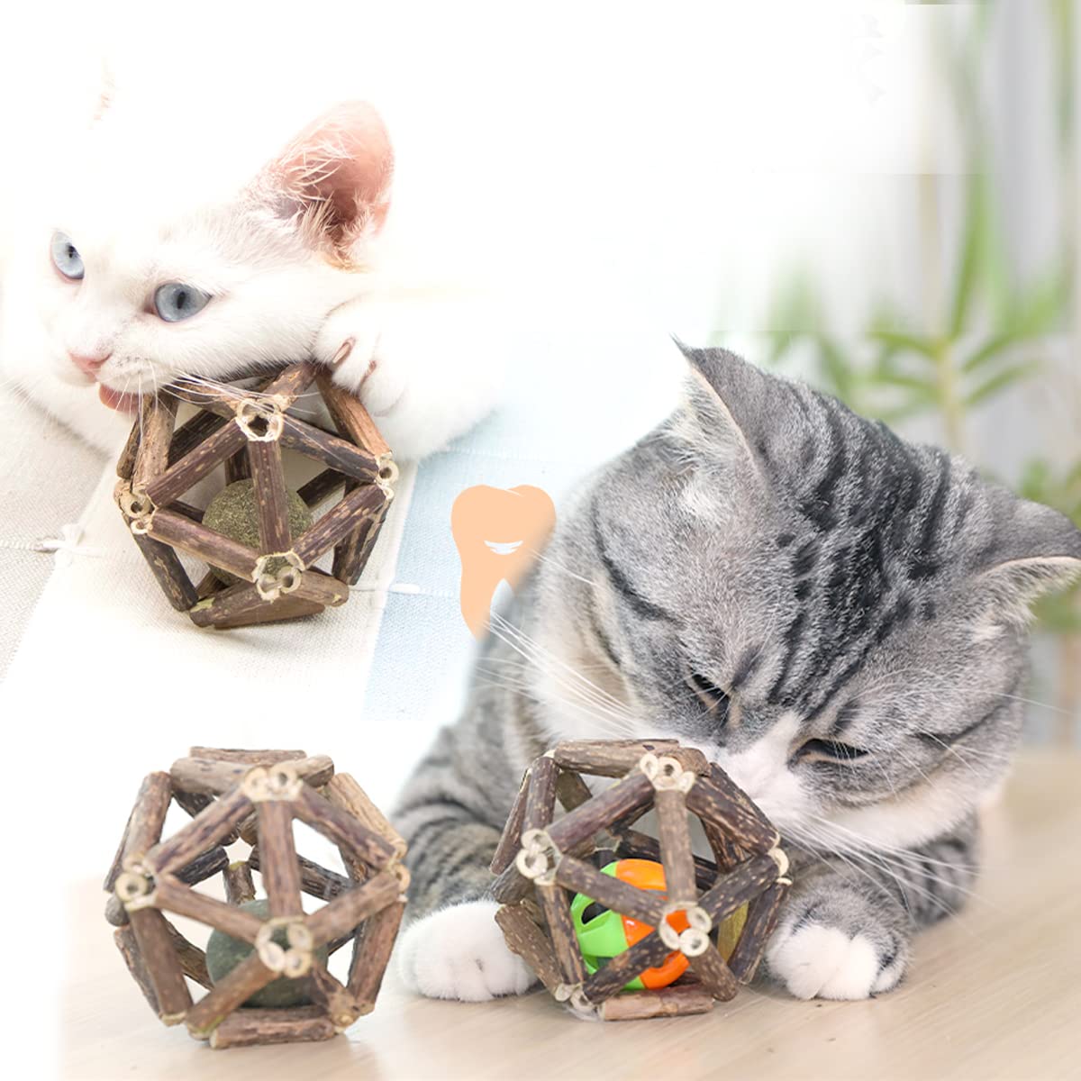Natural Silvervine Cat Toys - 3Pcs Catnip Stick, Cage Balls & Bell Ball for Indoor Cats | Kitten Teeth Cleaning Chew Toys | Matatabi Catnip Sticks for Dental Health & Playtime | Perfect for Play, Exercise & Oral Care