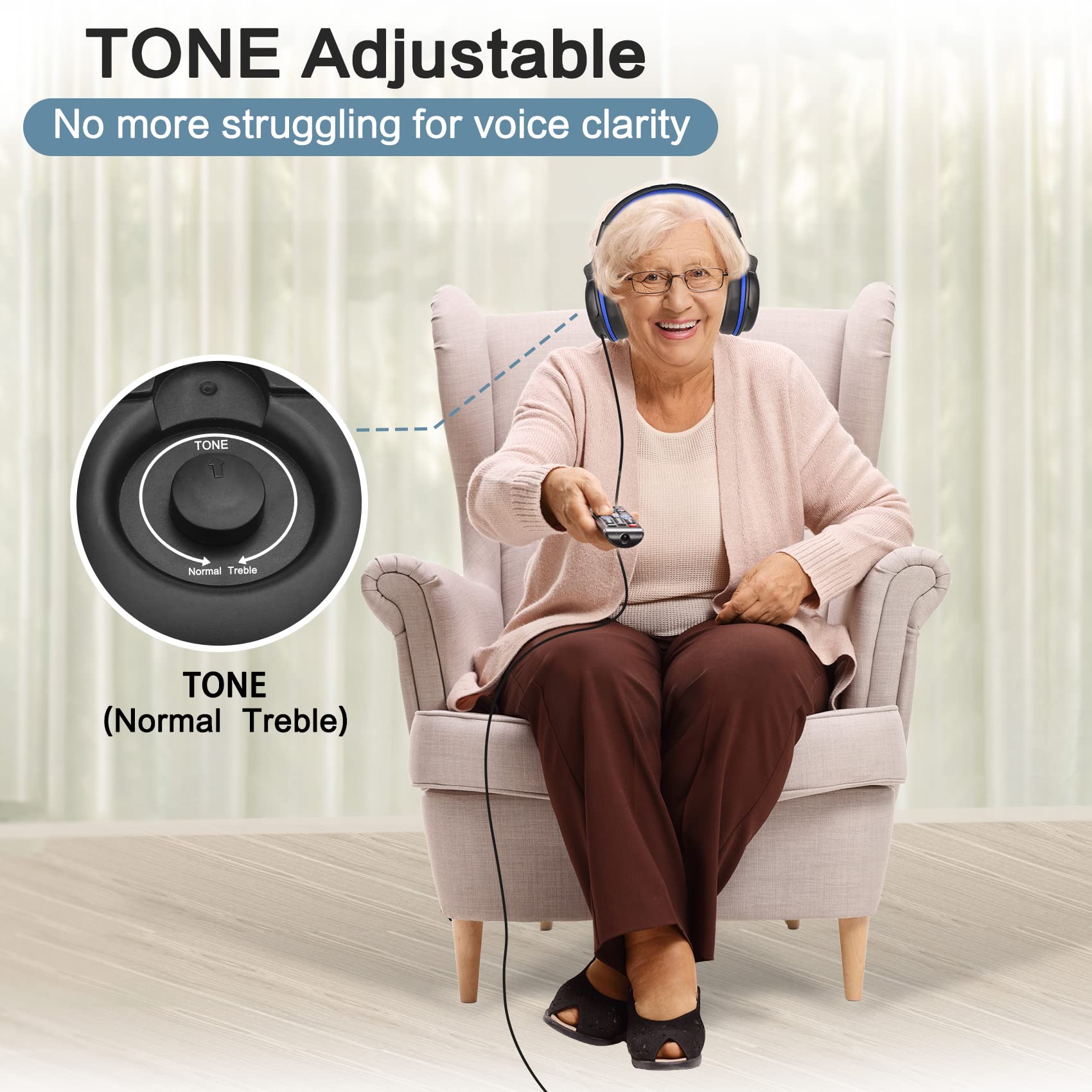 SIMOLIO Amplified TV Headphones for Seniors - 18ft Extra Long Coil Cord, Volume Control & Clear Dialogue - Over Ear Wired Headphones with 40 Hours Playtime & Clip - Perfect for Watching TV, Movies, and Hearing Assistance at Home