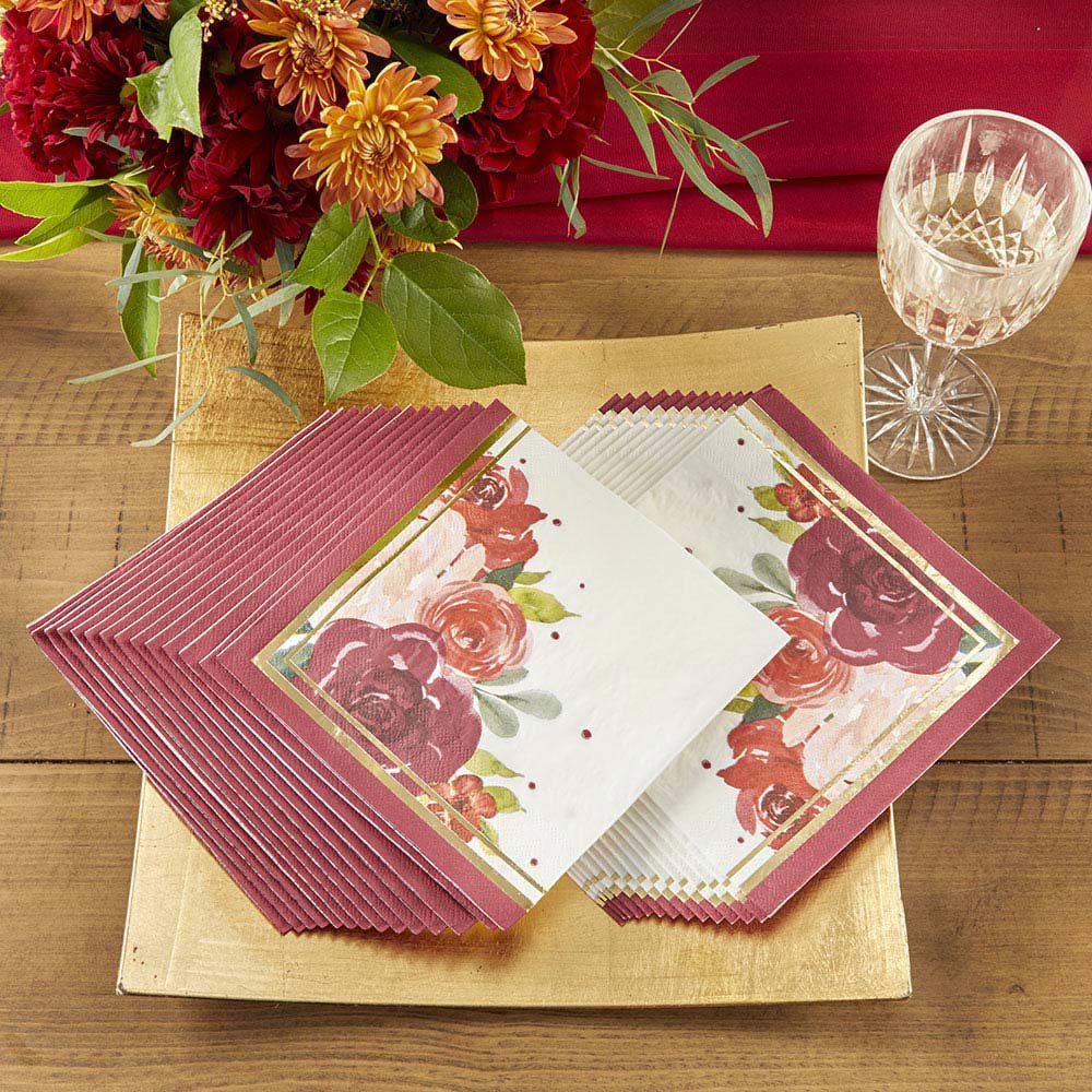 Premium Burgundy Blush Floral 2-Ply Paper Napkins - Set of 30 Elegant Dinner Napkins for Wedding, Party & Holiday Table Decor