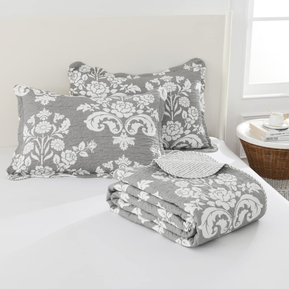 Queen Size Quilt Set - 100% Cotton Lightweight Reversible Farmhouse Paisley Floral Bedspread | 3-Piece Grey White All Season Bedding | Perfect for Master Bedroom, Guest Room & Cozy Farmhouse Decor