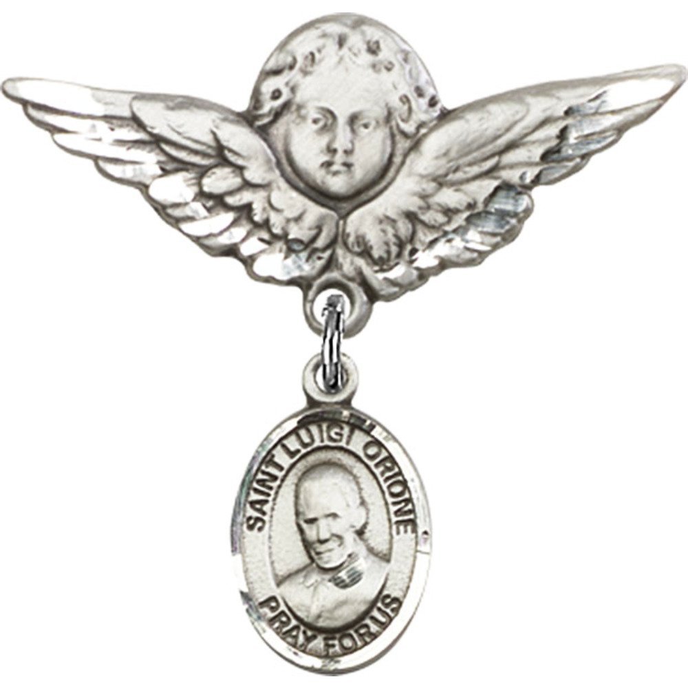 Sterling Silver Baby Badge with St. Luigi Orione Charm & Angel Wing Pin - 1 1/8