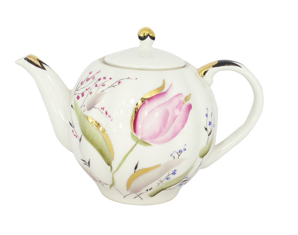 Lomonosov Porcelain Teapot with Pink Tulip Design - 3 Cup (20 oz / 600 ml) Capacity - Elegant Russian Tea Set for Afternoon Tea, Gifts & Home Decor