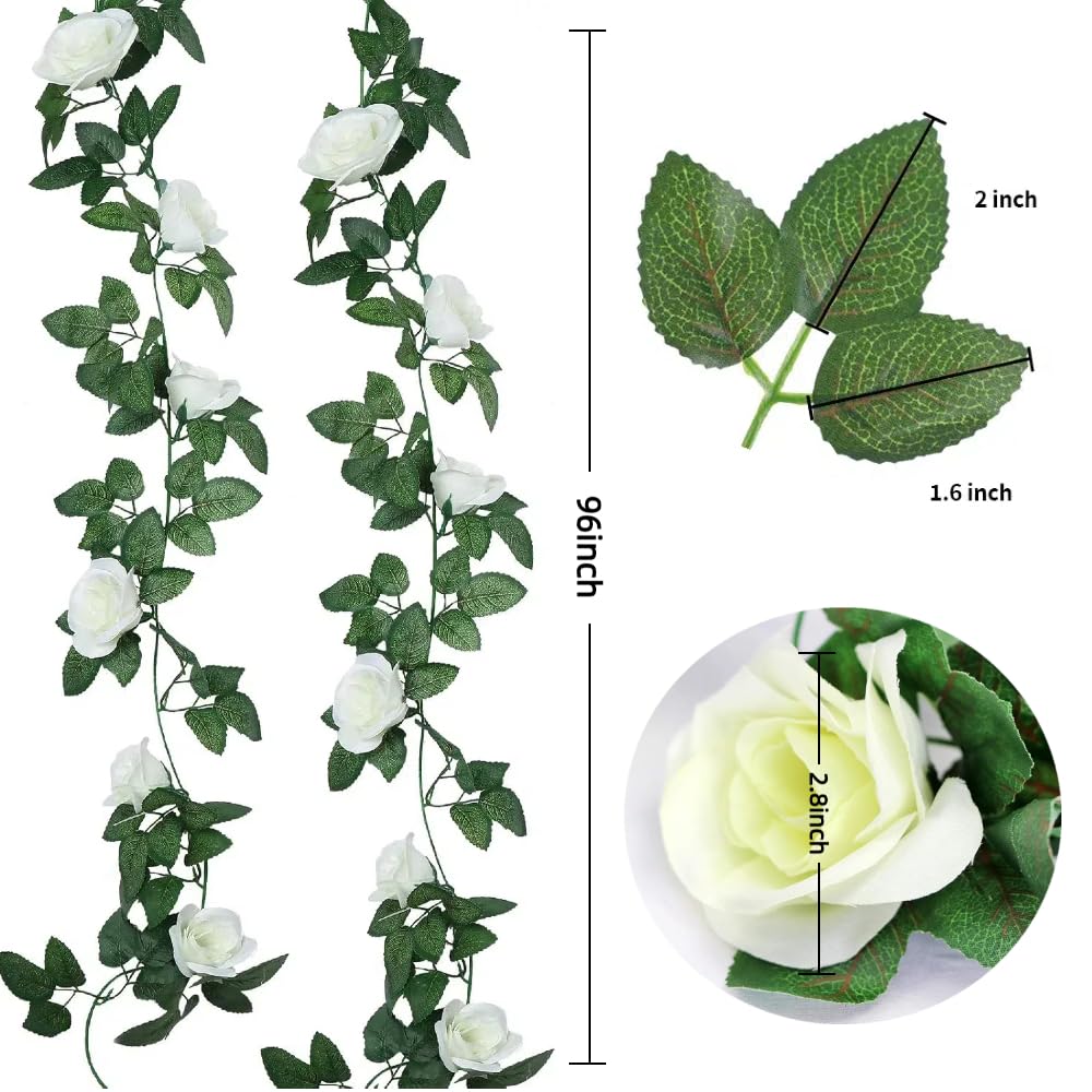 16 FT Artificial Rose Vine Garland - Fake Hanging Flowers for Home, Hotel, Office, Wedding & Party Decor (White, 2 Pack) - Perfect for Indoor/Outdoor Garden, Wall & Ceiling Decoration