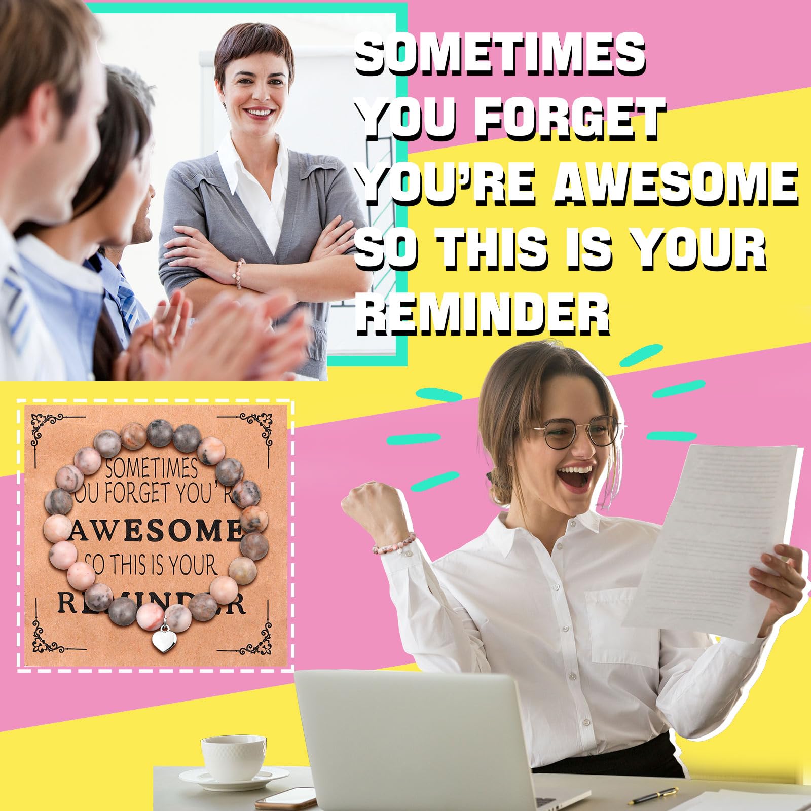 12 Pcs Inspirational Bracelets & Cards - Teacher Staff Appreciation Gifts for Office Coworkers Birthday
