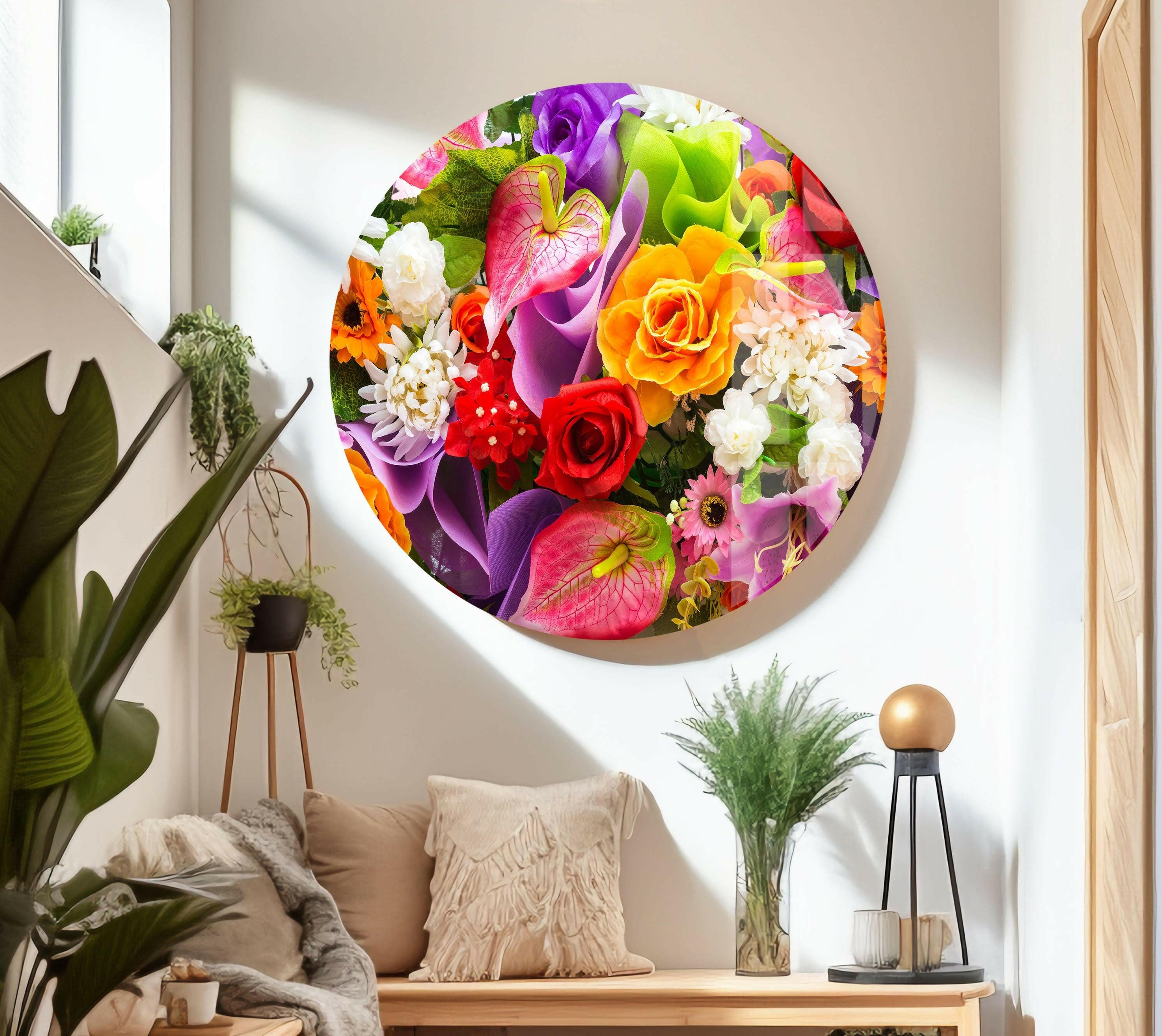 Vibrant Mixed Flower Glass Wall Art - Handcrafted Modern Home Decor for Living Room, Bedroom, or Office - Perfect Gift for Housewarming & Interior Design