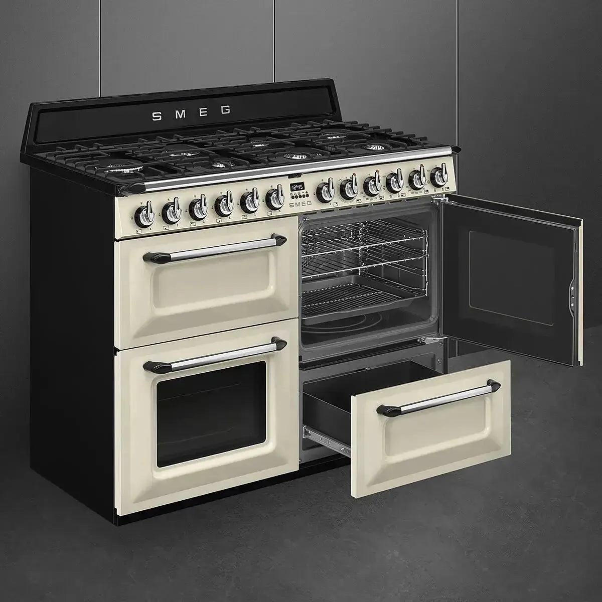 Smeg Victoria 110cm Dual Fuel Freestanding Range Cooker in Cream - TRA4110P | Professional Gas & Electric Oven with 5 Burners | Perfect for Modern Kitchens & Home Chefs