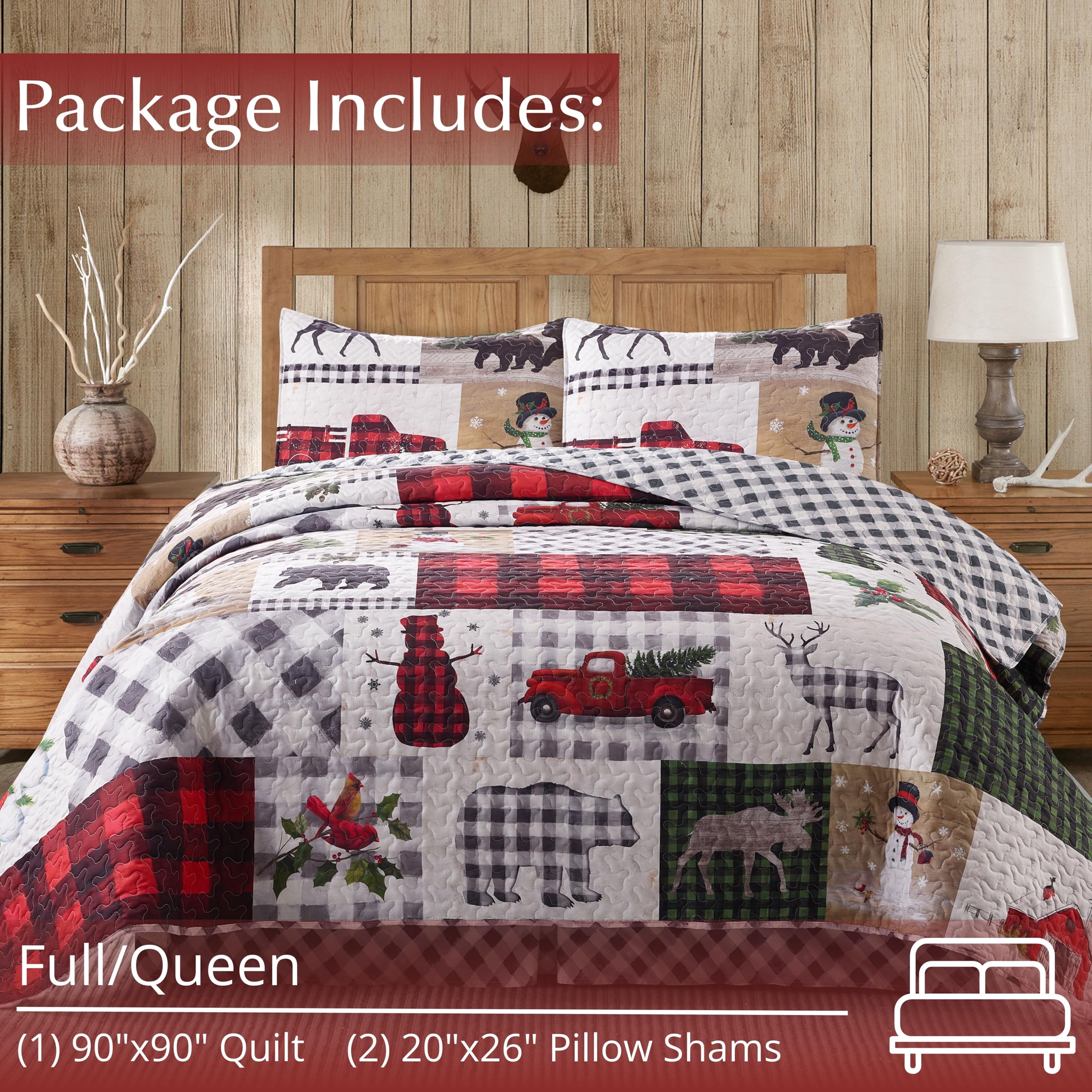 Virah Bella 2-Piece Full/Queen Lodge Quilt Bedding Set - Rustic Reversible Comforter with Pillow Shams - Country Patchwork Design for Cozy Cabin & Farmhouse Bedrooms - Perfect for Fall & Winter Decor