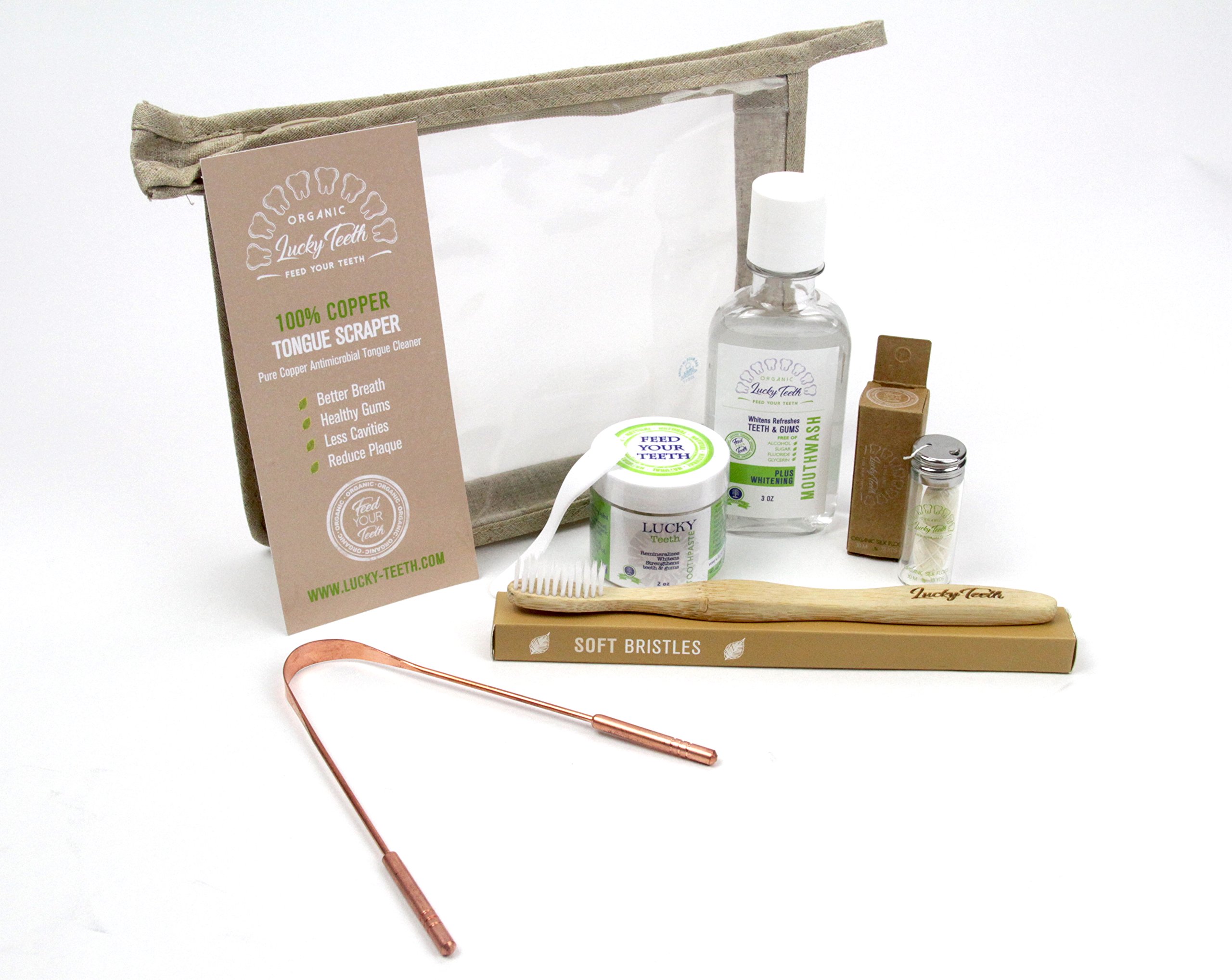 Organic Travel Dental Kit with Remineralizing Toothpaste, Peroxide Mouthwash, Silk Floss & Copper Tongue Scraper | Portable Oral Care Essentials in Hemp Bag for Home, Office & Vacation Use