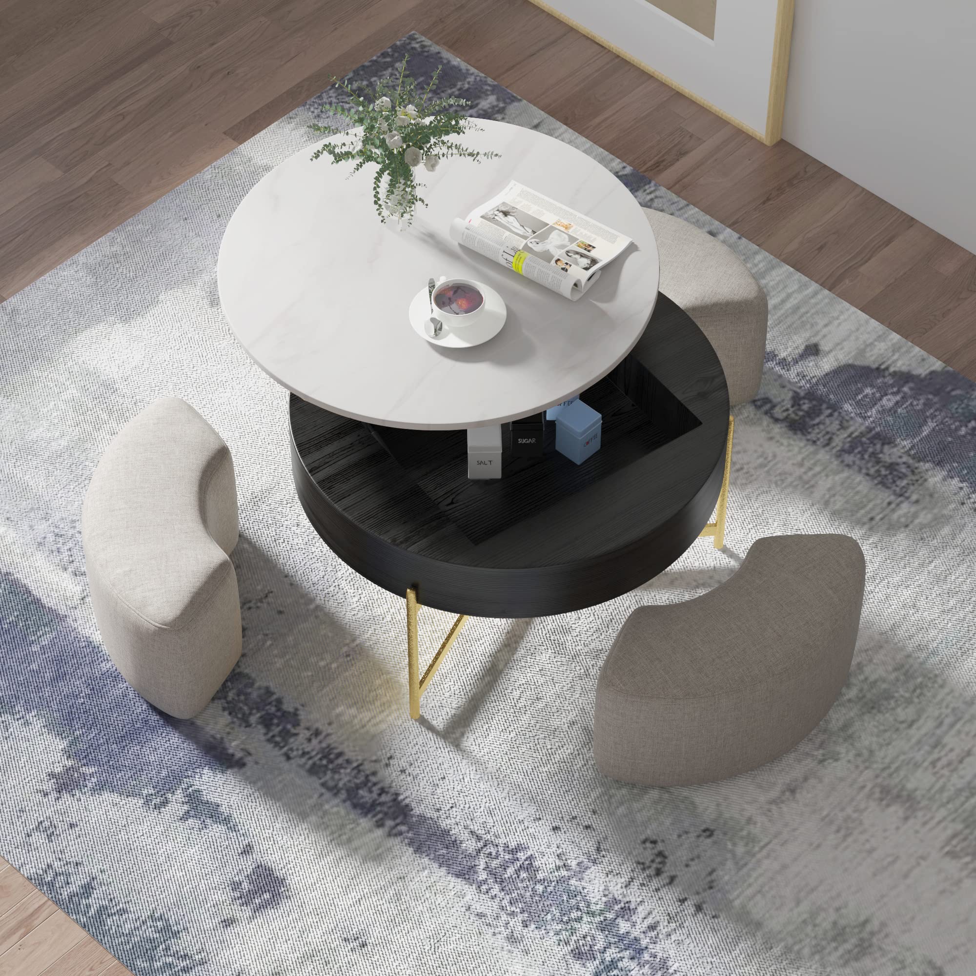 Lift Top Round Coffee Table with Stools - Modern Nesting Coffee Table Set with Hidden Storage | Black Marble End Table for Living Room, Home & Office | Perfect for Small Spaces, Entertaining & Storage Solutions