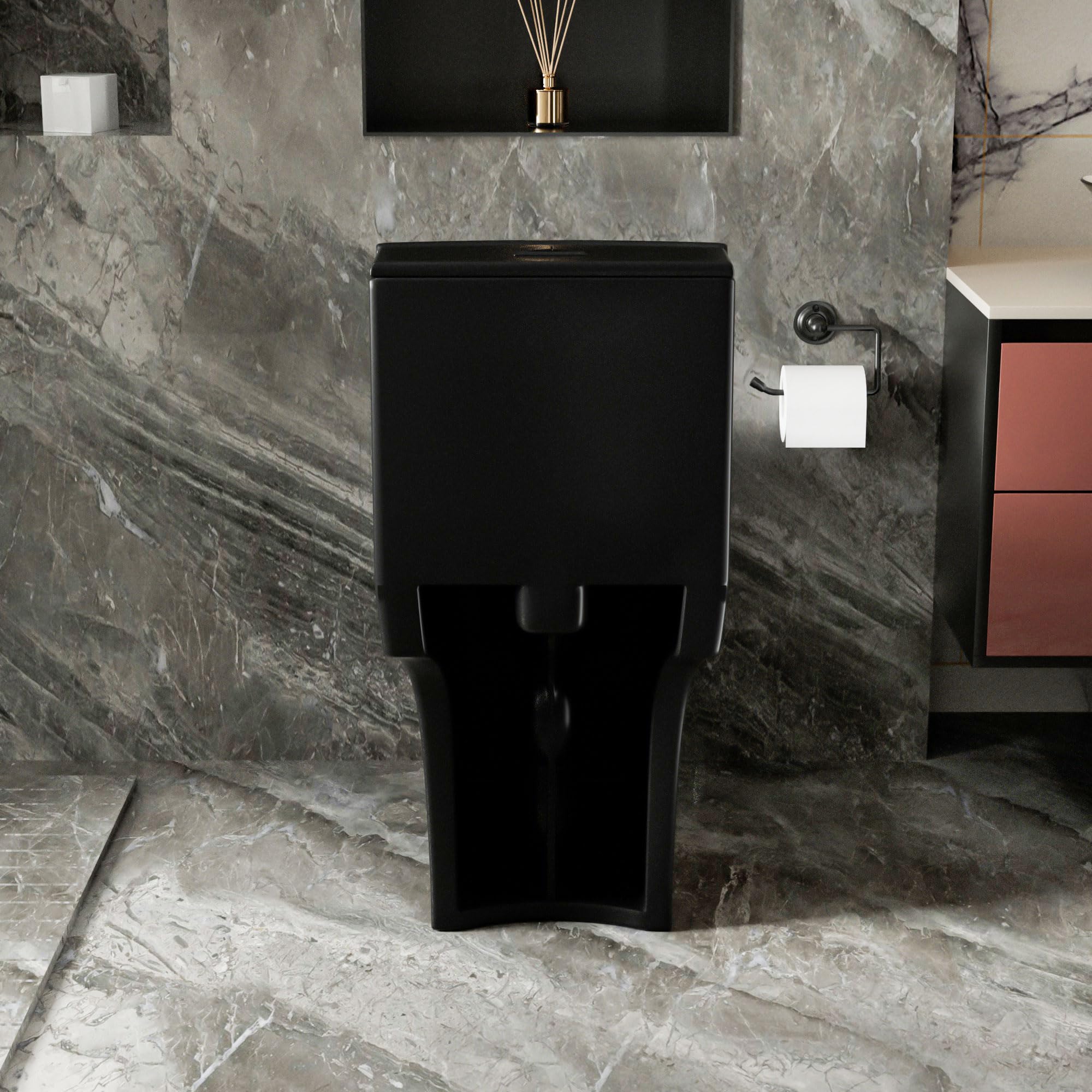 Dual Flush Elongated Toilet 1.1/1.6 GPF - Water Saving Modern One Piece Toilet with Soft Close Seat - Powerful & Quiet Flush - Black (27.5